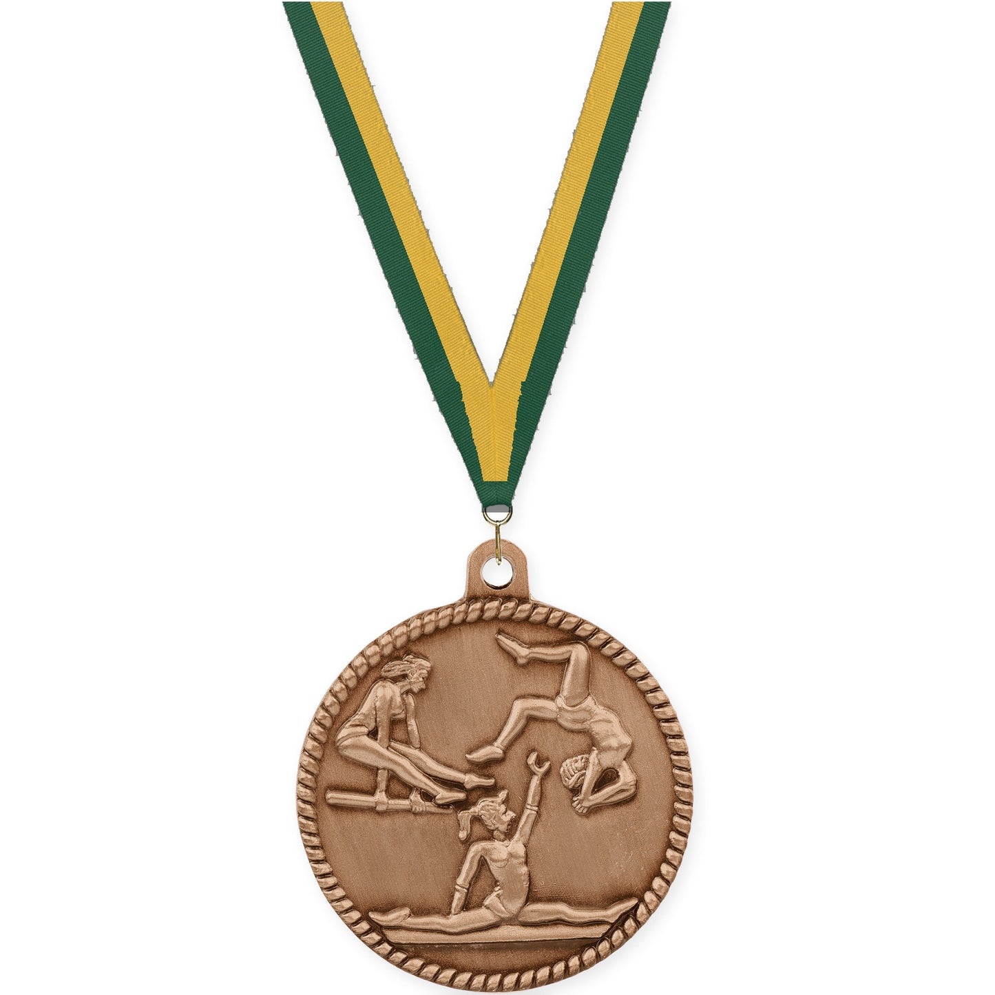 2 inch gymnastics High Relief medal in antique bronze with Hunter Green Gold neck ribbon