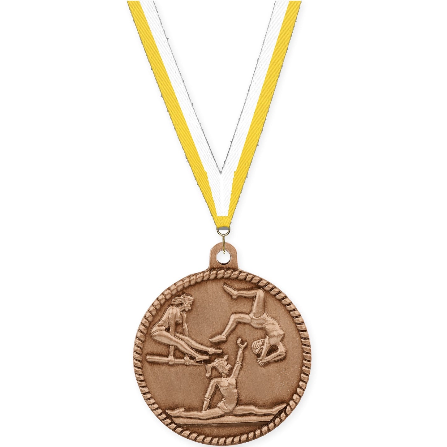 2 inch gymnastics High Relief medal in antique bronze with Yellow White neck ribbon