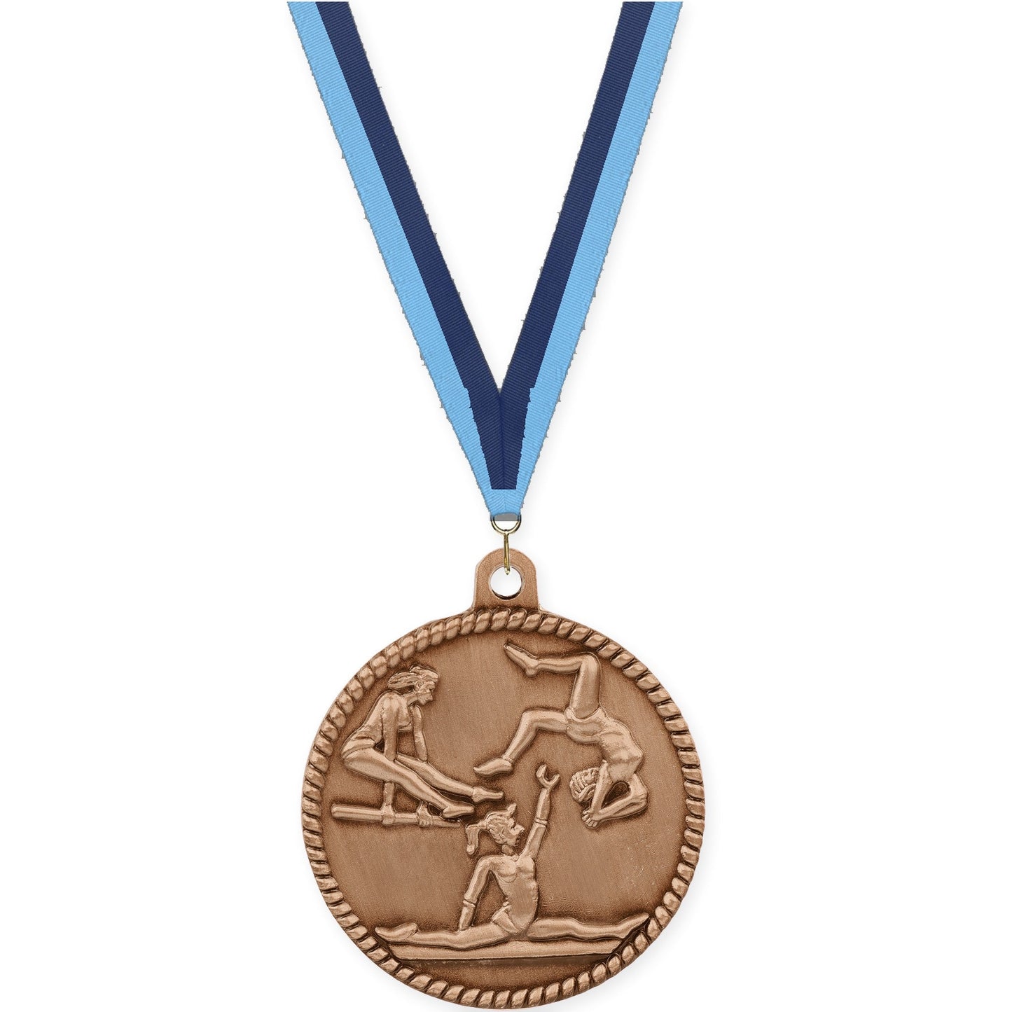 2 inch gymnastics High Relief medal in antique bronze with Light Blue Navy neck ribbon