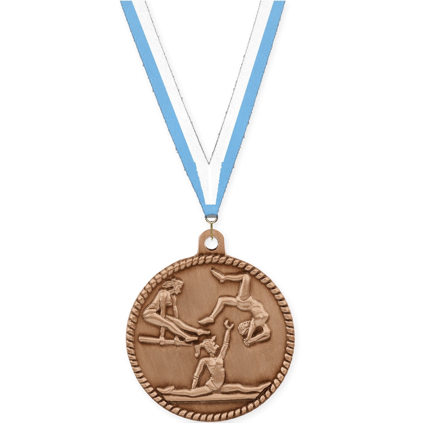 2 inch gymnastics High Relief medal in antique bronze with Light Blue White neck ribbon