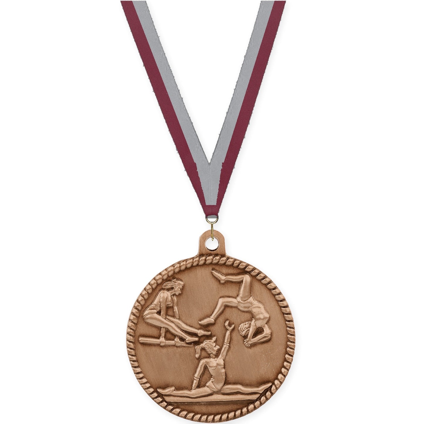 2 inch gymnastics High Relief medal in antique bronze with Maroon Gray neck ribbon