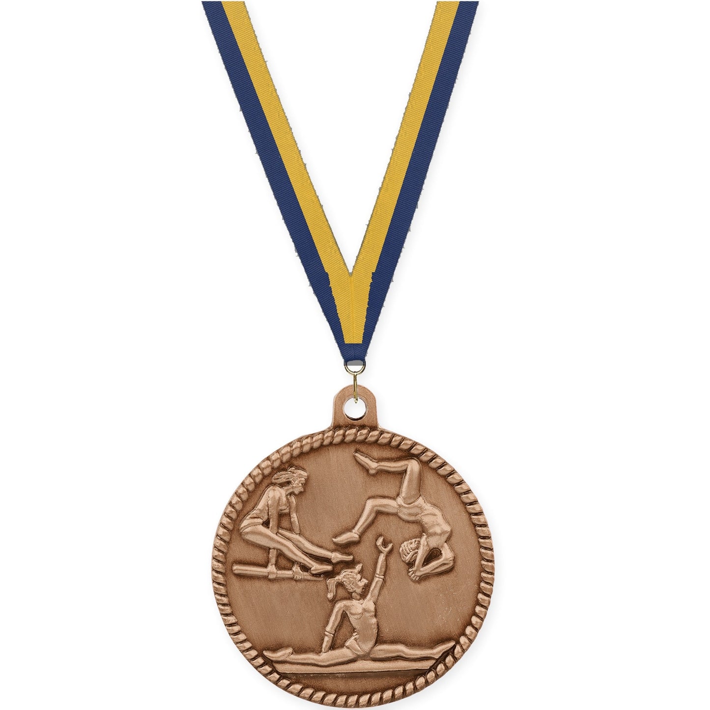 2 inch gymnastics High Relief medal in antique bronze with Navy Gold neck ribbon