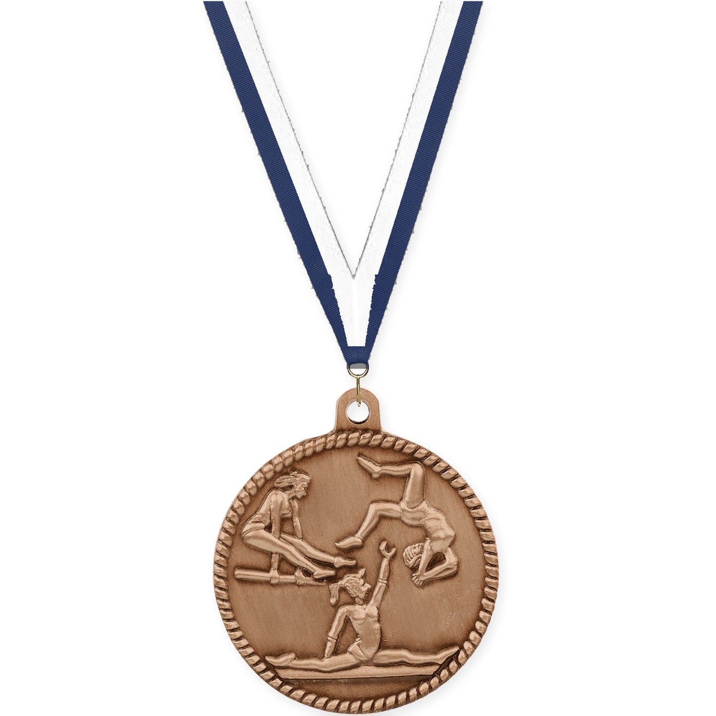 2 inch gymnastics High Relief medal in antique bronze with Navy White neck ribbon