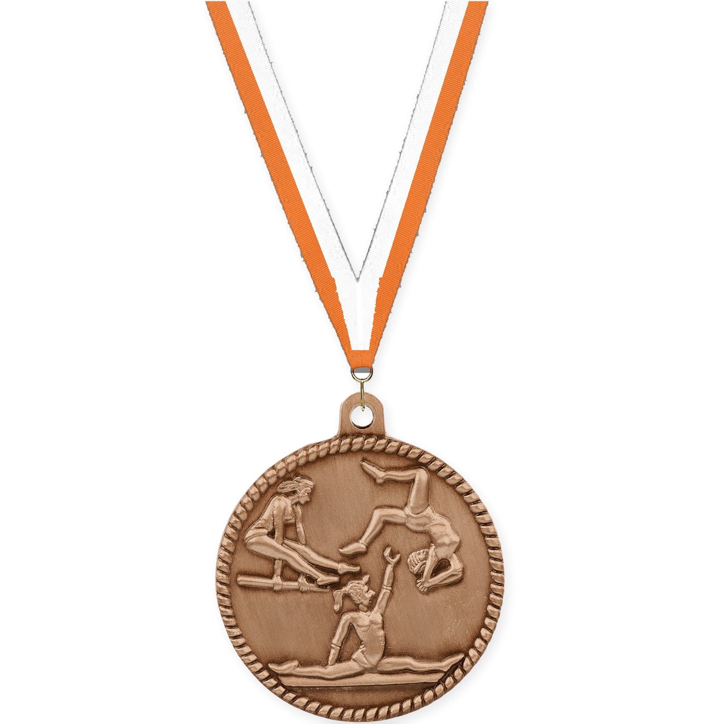 2 inch gymnastics High Relief medal in antique bronze with Orange White neck ribbon