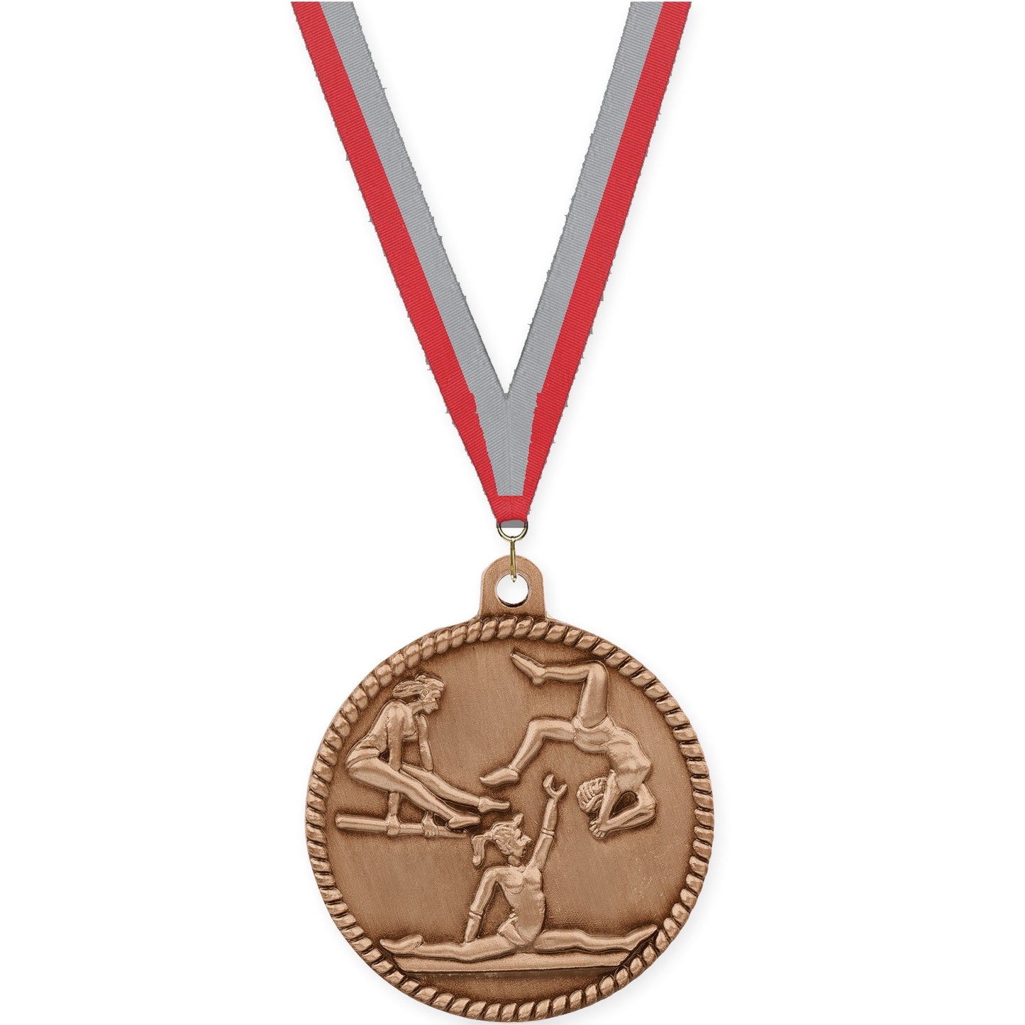 2 inch gymnastics High Relief medal in antique bronze with Red Gray neck ribbon