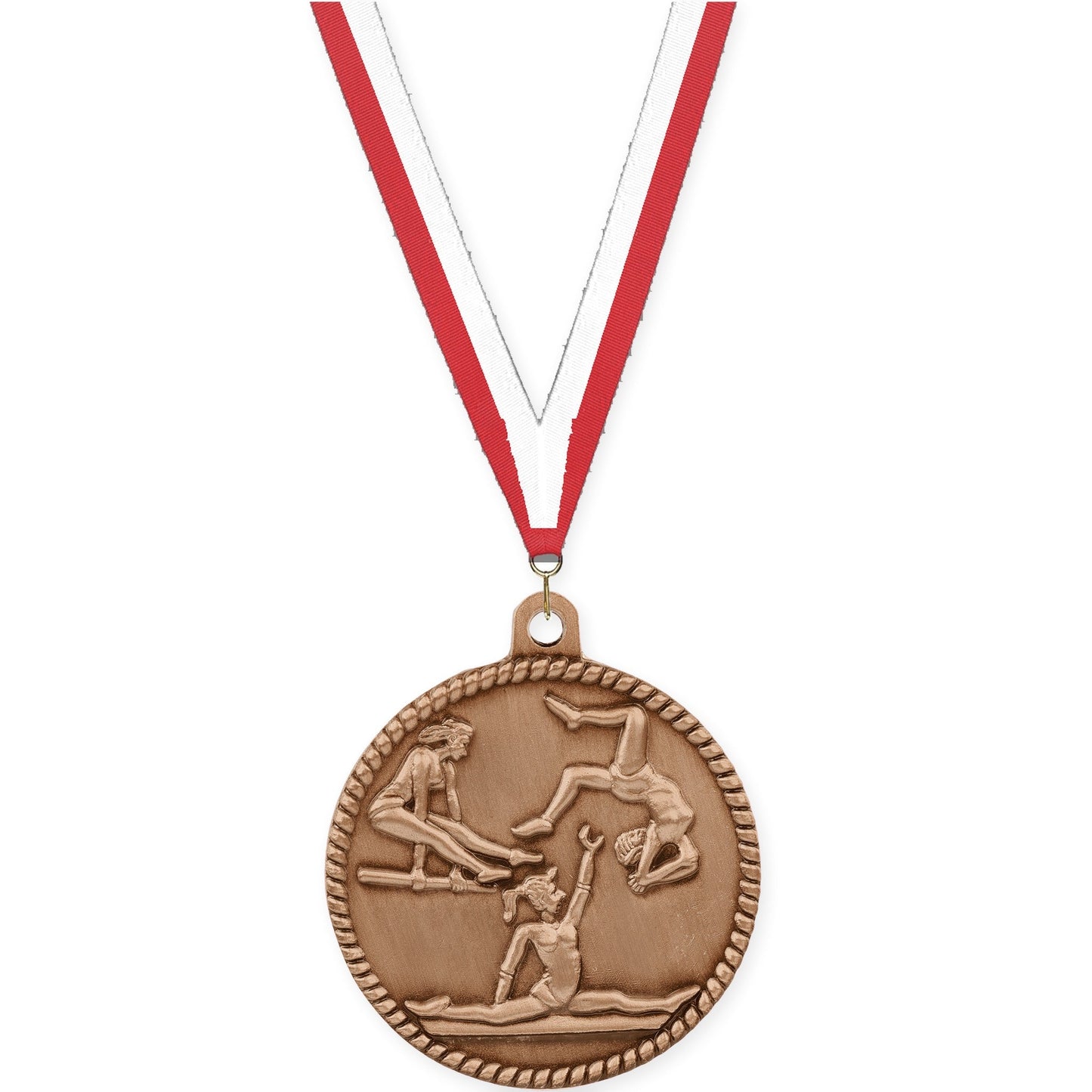2 inch gymnastics High Relief medal in antique bronze with Red White neck ribbon