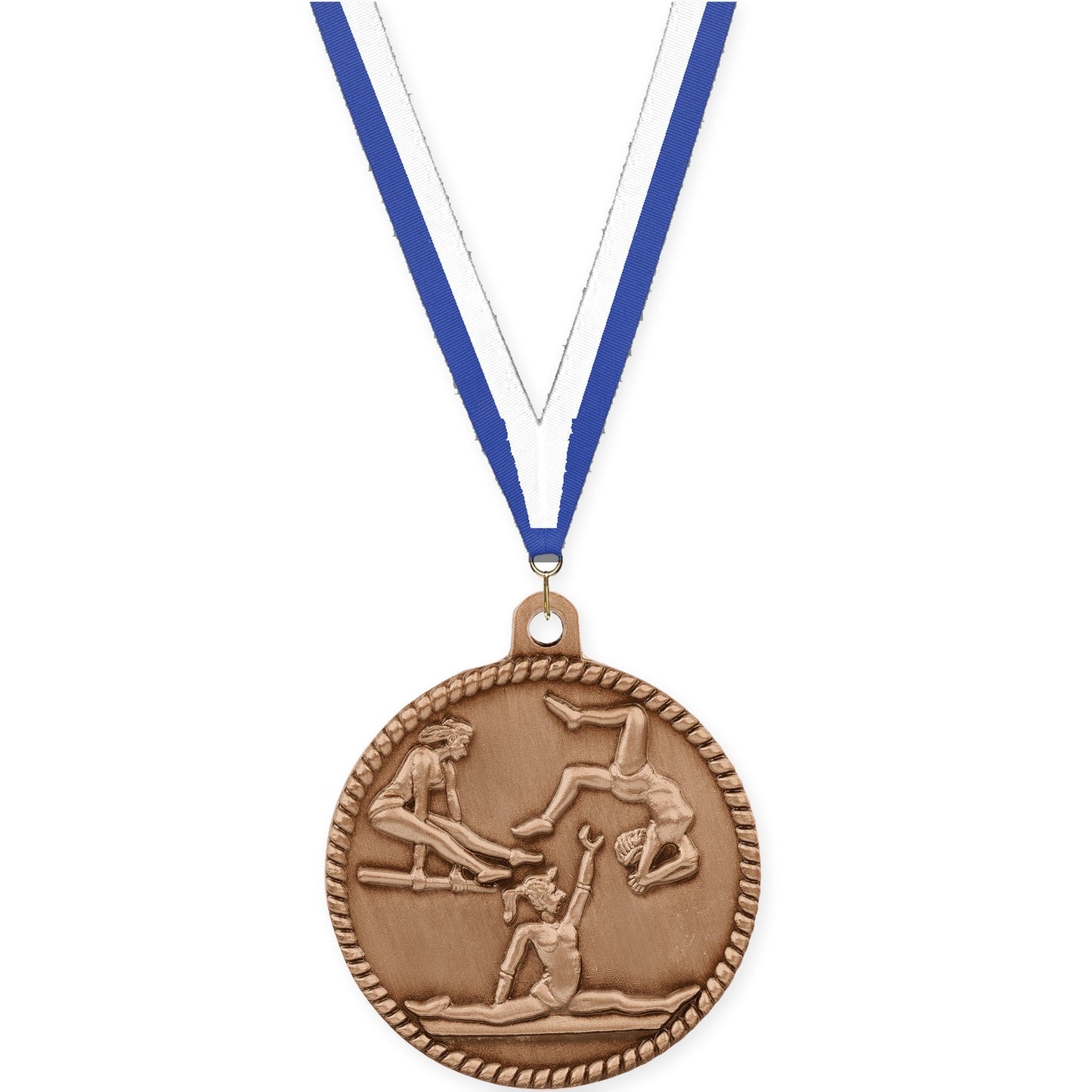 2 inch gymnastics High Relief medal in antique bronze with Blue White neck ribbon