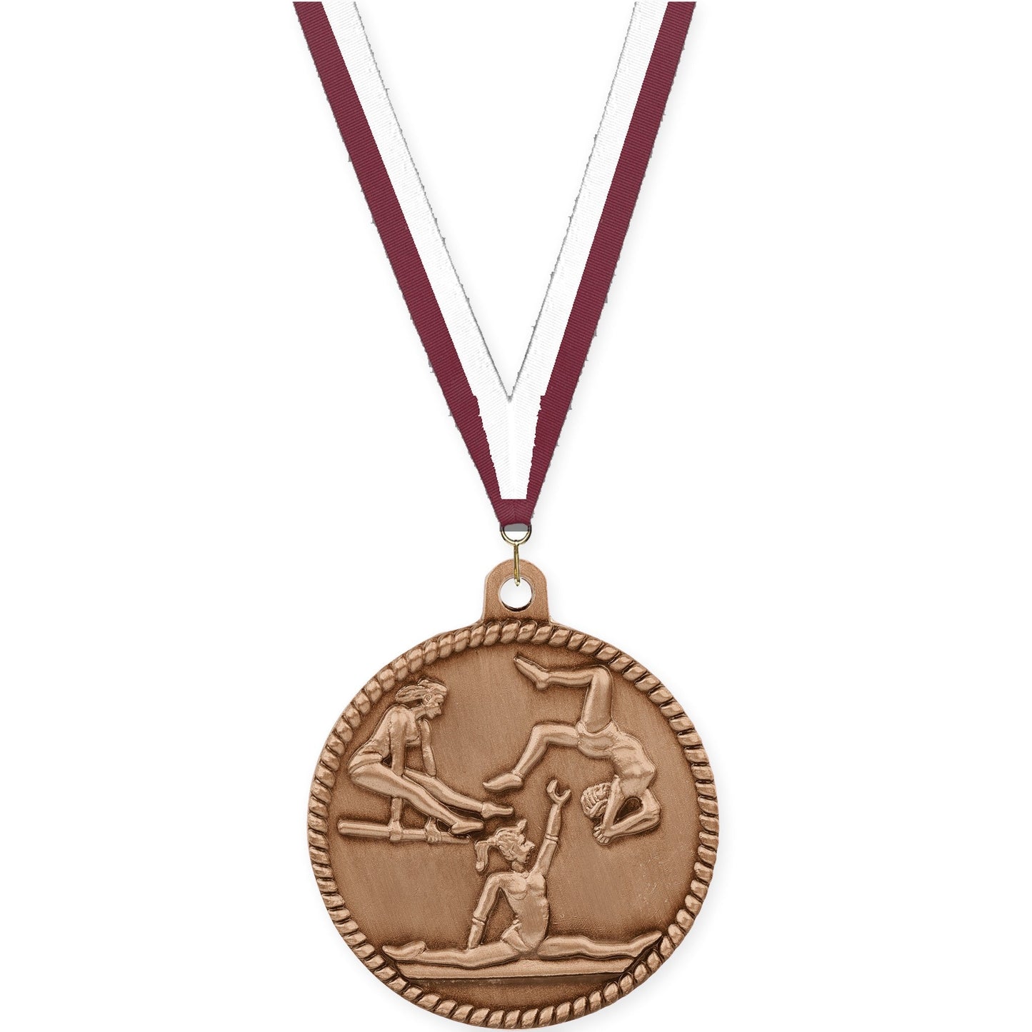 2 inch gymnastics High Relief medal in antique bronze with Maroon White neck ribbon