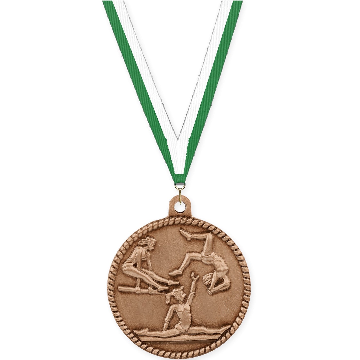 2 inch gymnastics High Relief medal in antique bronze with Green White neck ribbon