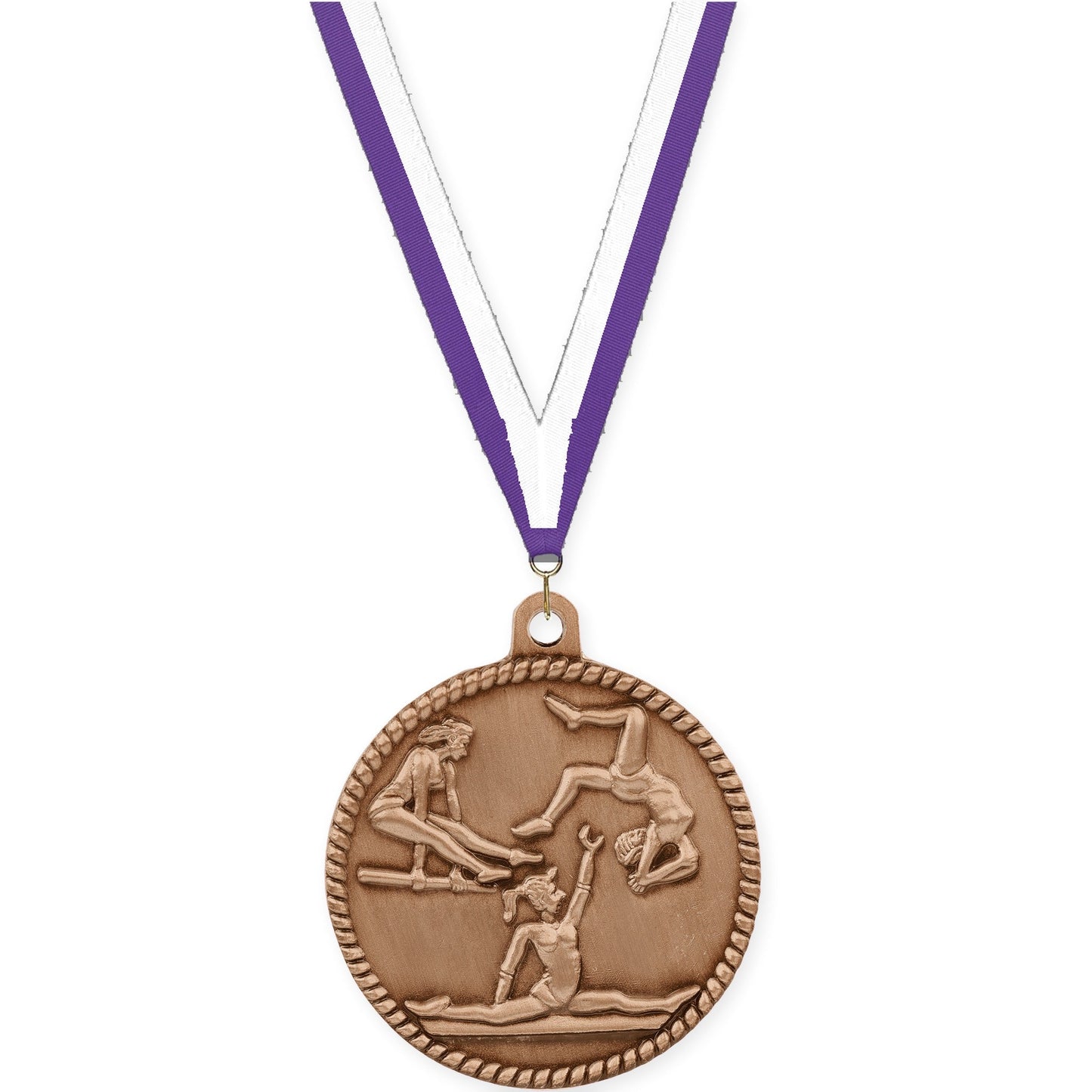 2 inch gymnastics High Relief medal in antique bronze with Purple White neck ribbon