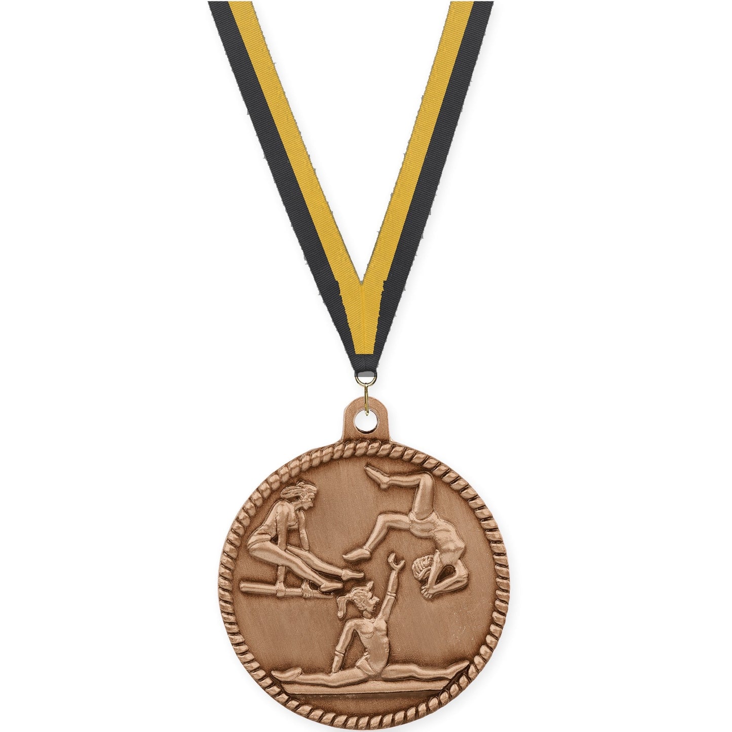 2 inch gymnastics High Relief medal in antique bronze with Black Gold neck ribbon
