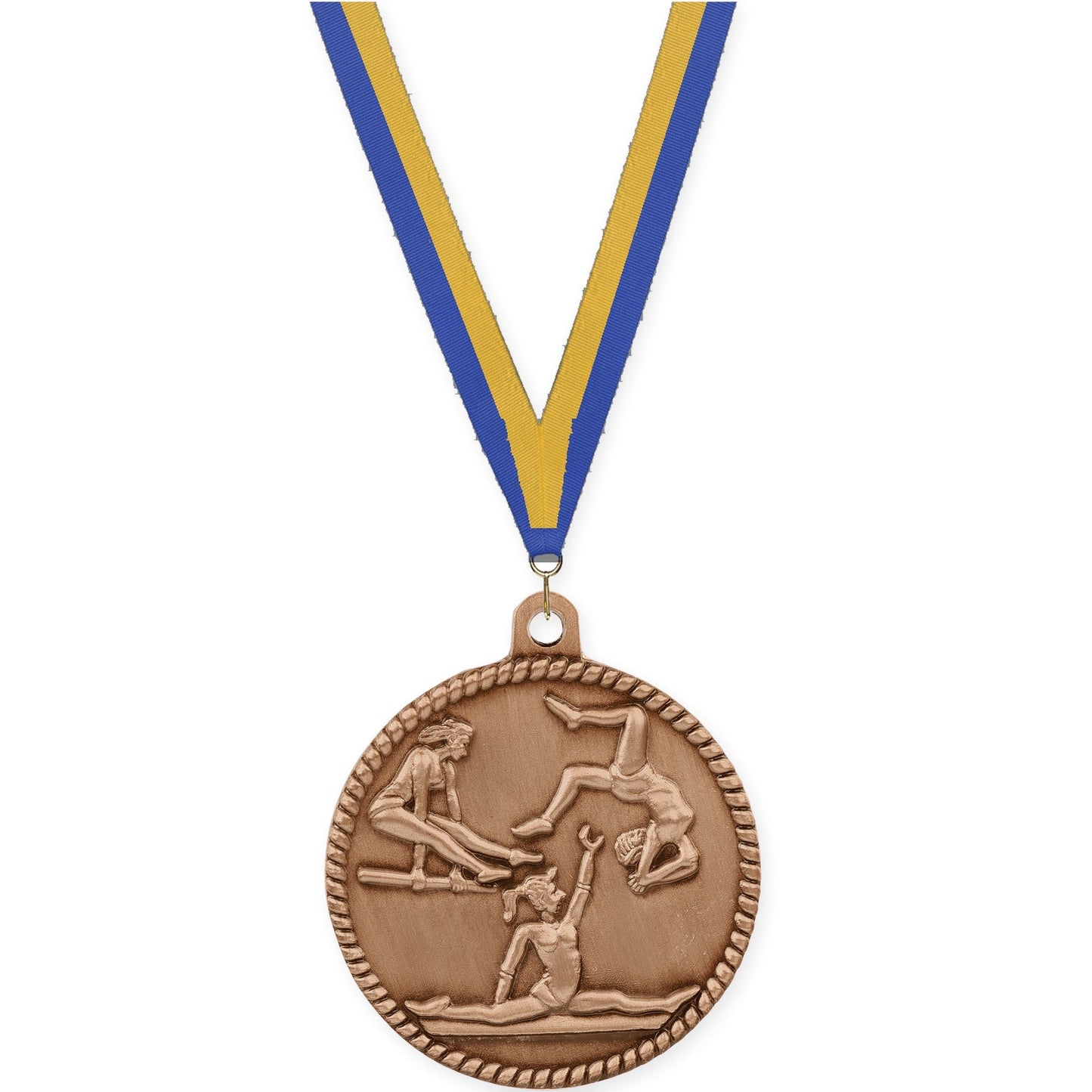 2 inch gymnastics High Relief medal in antique bronze with Blue Gold neck ribbon