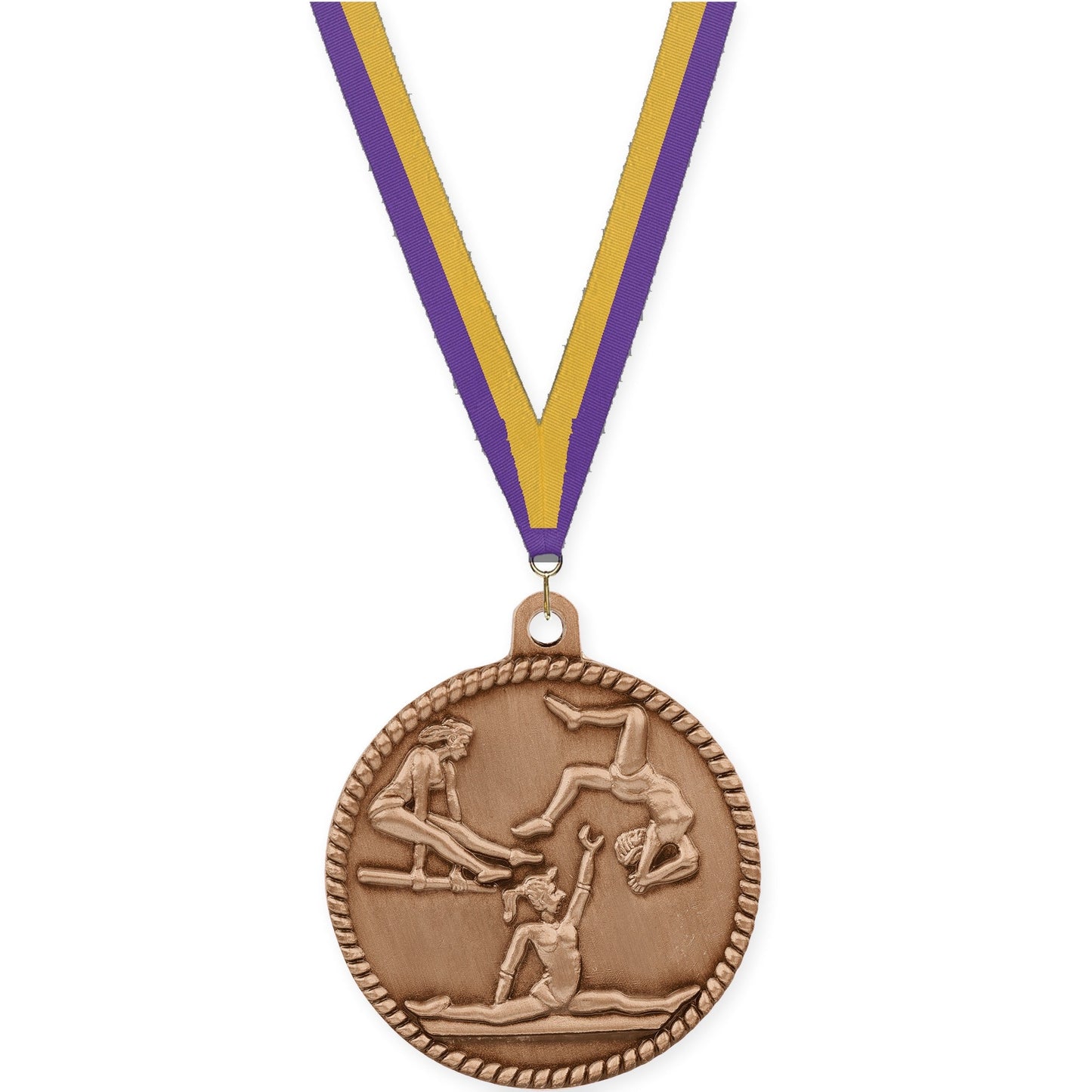 2 inch gymnastics High Relief medal in antique bronze with Purple Gold neck ribbon
