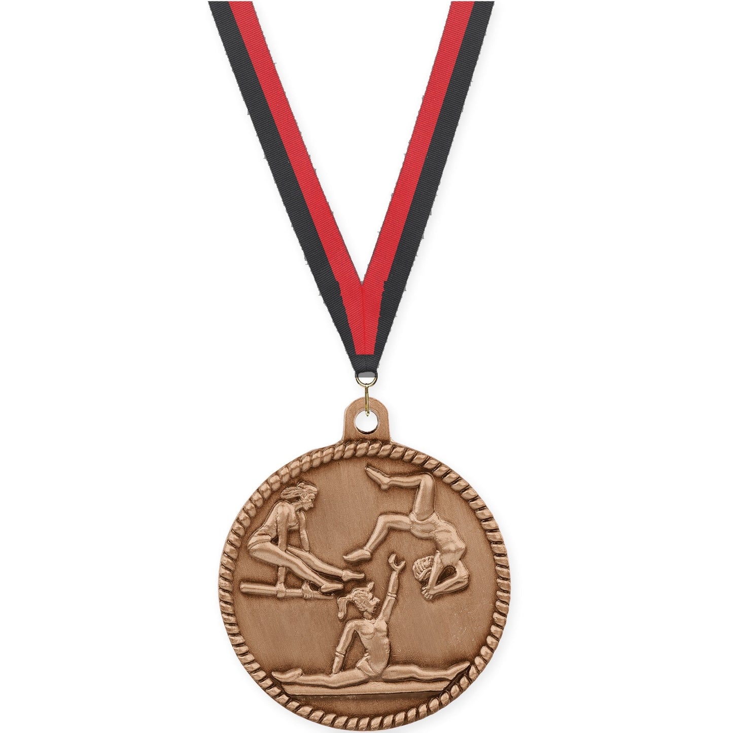 2 inch gymnastics High Relief medal in antique bronze with Black Red neck ribbon