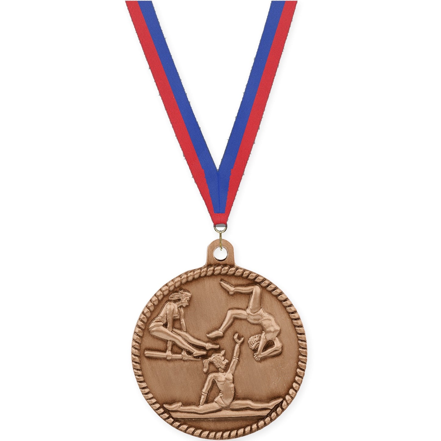 2 inch gymnastics High Relief medal in antique bronze with Blue Red neck ribbon