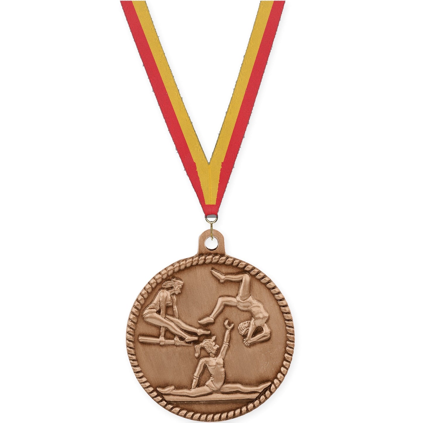 2 inch gymnastics High Relief medal in antique bronze with Red Gold neck ribbon
