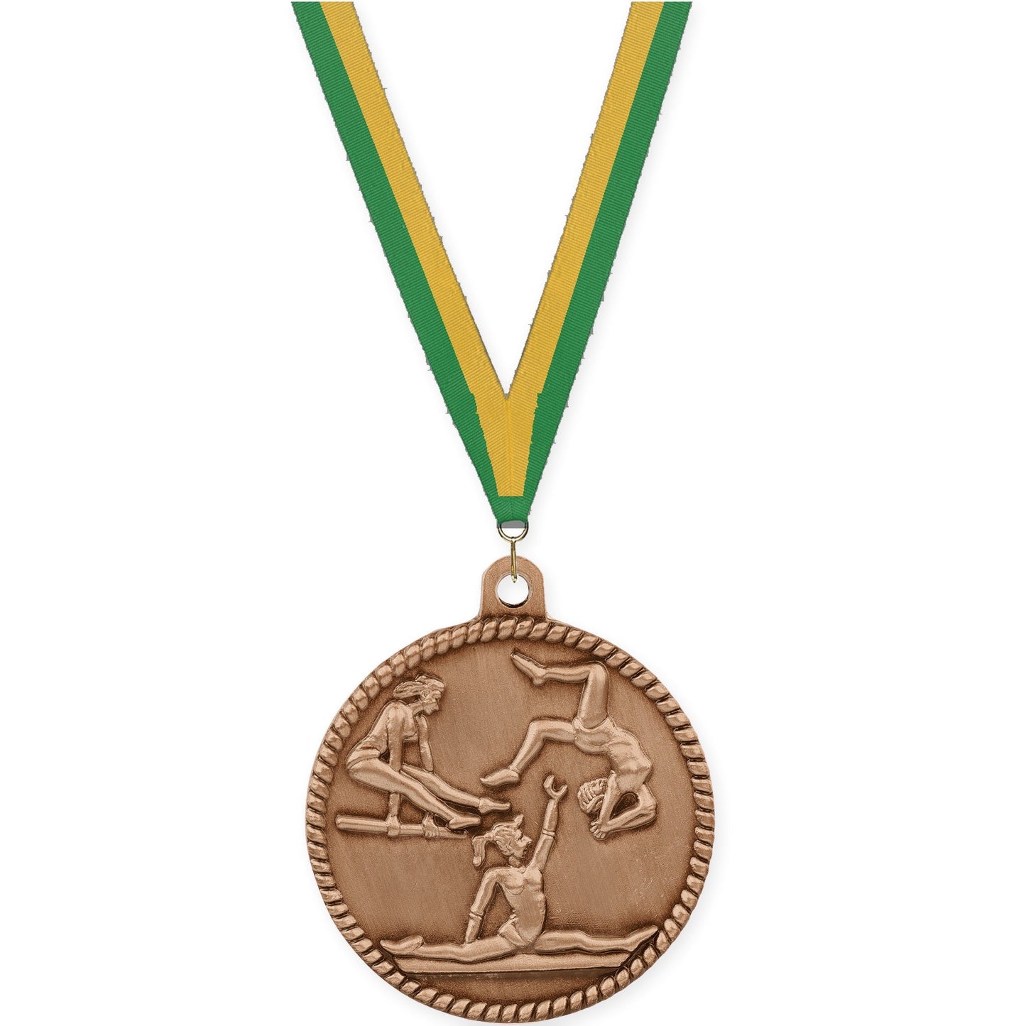 2 inch gymnastics High Relief medal in antique bronze with Green Gold neck ribbon