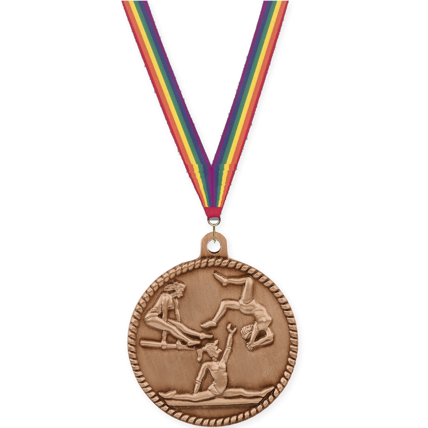 2 inch gymnastics High Relief medal in antique bronze with Rainbow neck ribbon