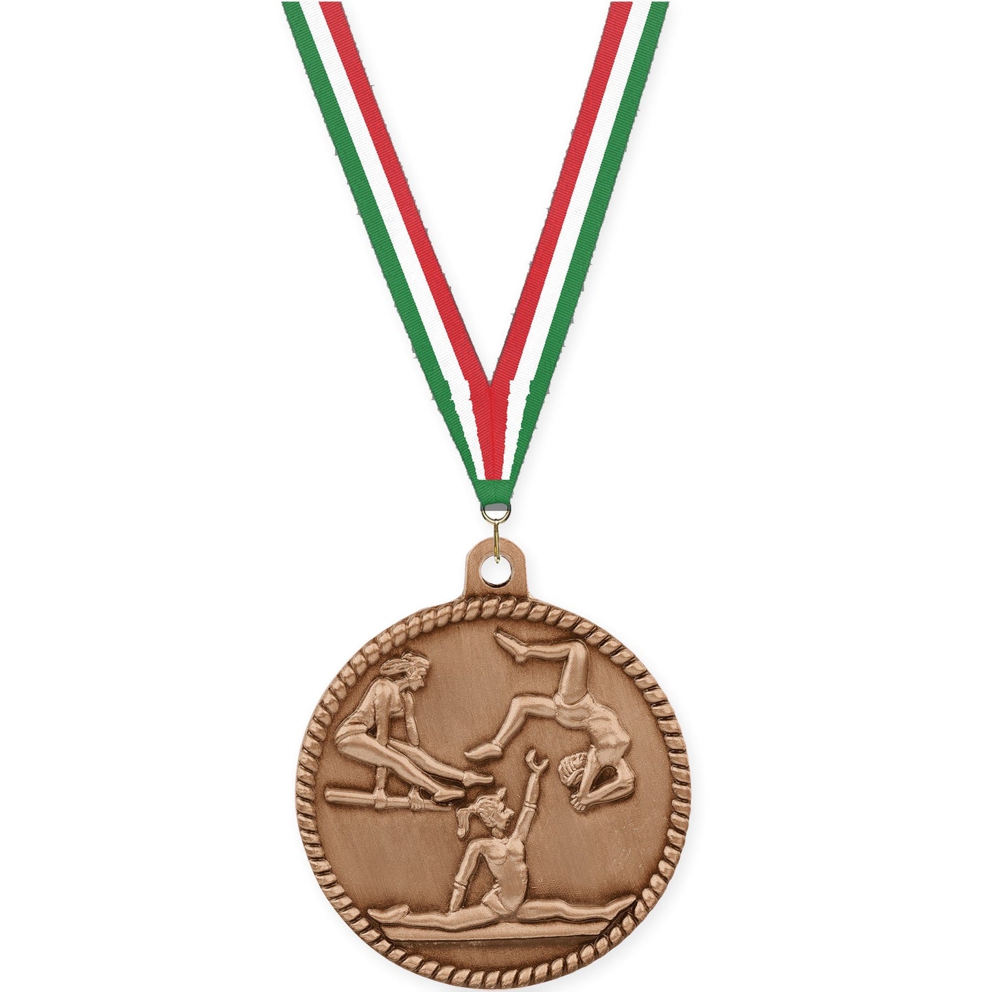 2 inch gymnastics High Relief medal in antique bronze with Green White Red neck ribbon