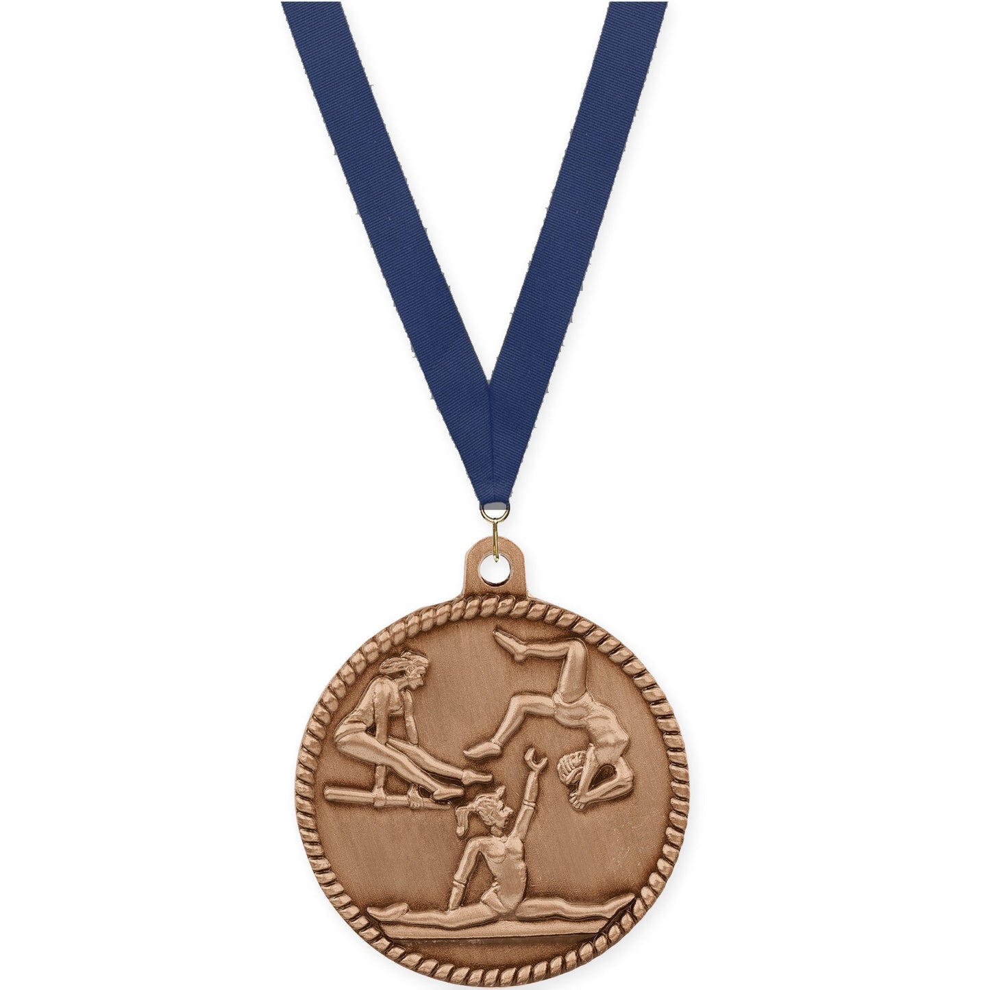 2 inch gymnastics High Relief medal in antique bronze with Navy neck ribbon