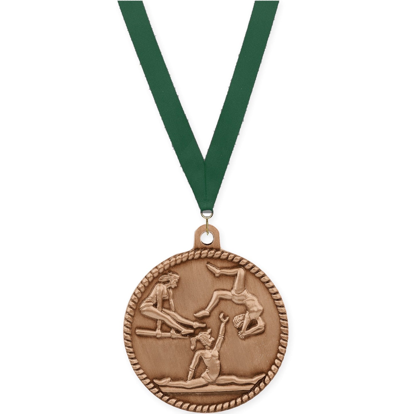 2 inch gymnastics High Relief medal in antique bronze with Hunter Green neck ribbon