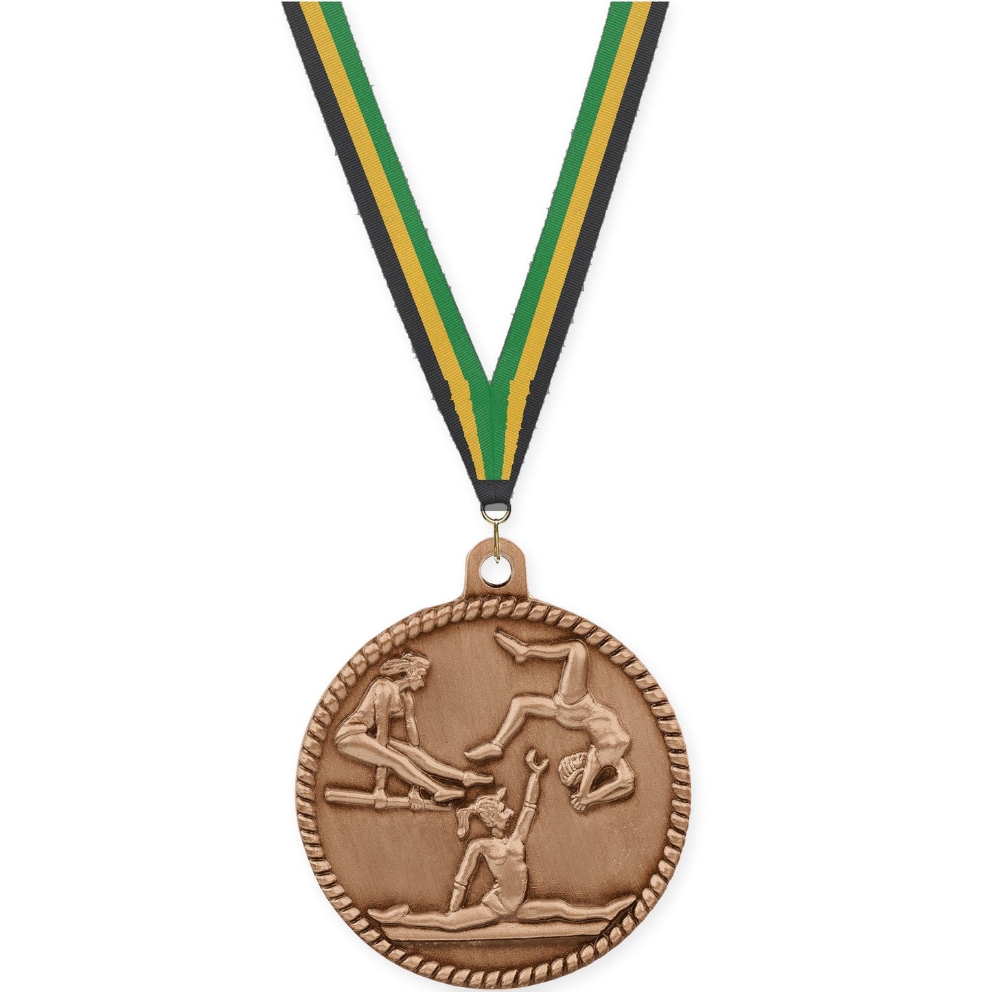 2 inch gymnastics High Relief medal in antique bronze with Black Gold Green neck ribbon