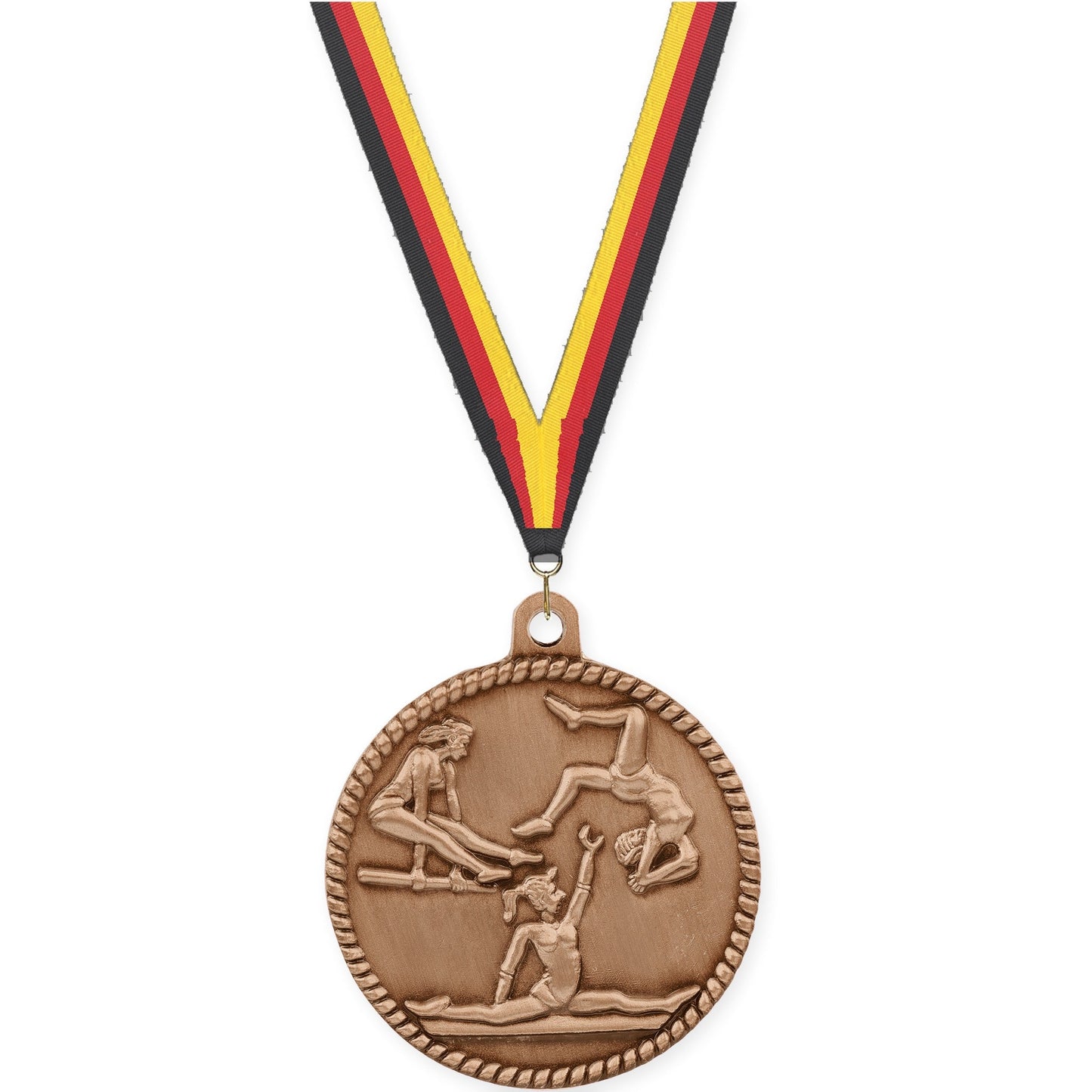 2 inch gymnastics High Relief medal in antique bronze with Black Red Yellow neck ribbon