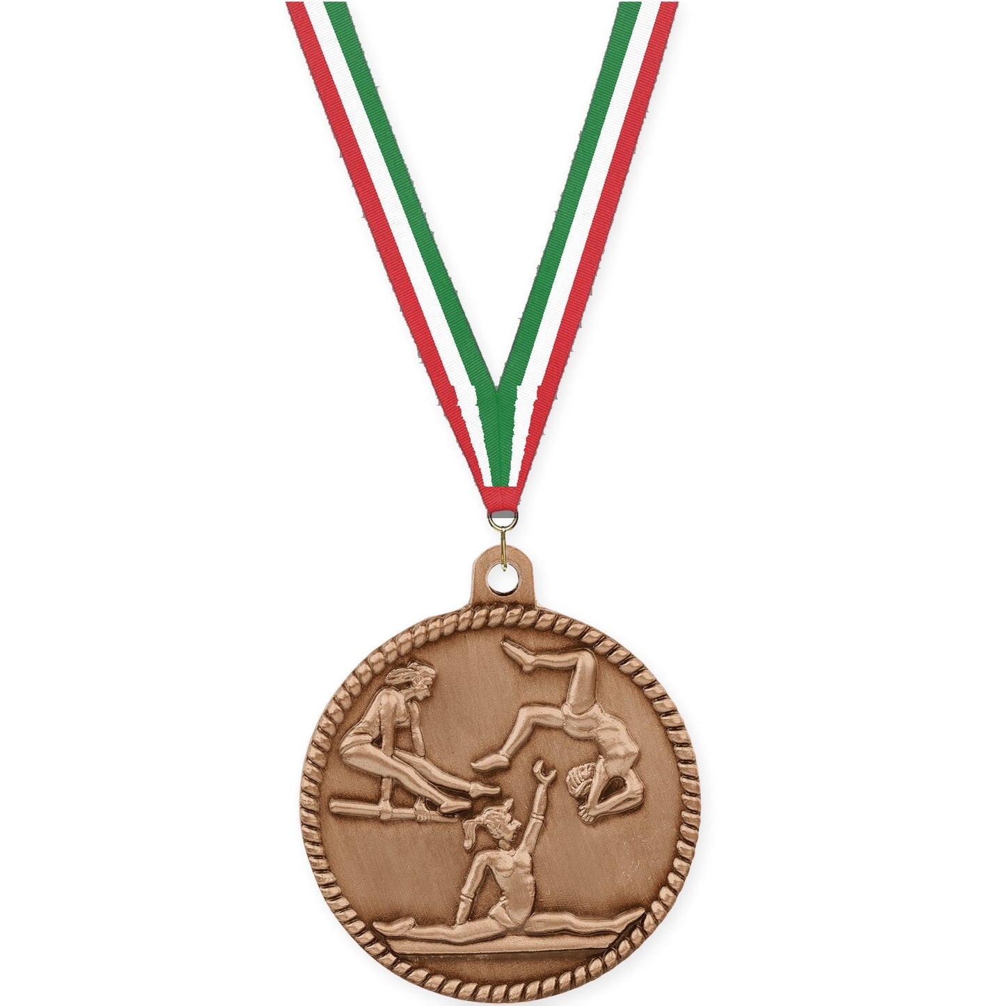2 inch gymnastics High Relief medal in antique bronze with Red White Green neck ribbon