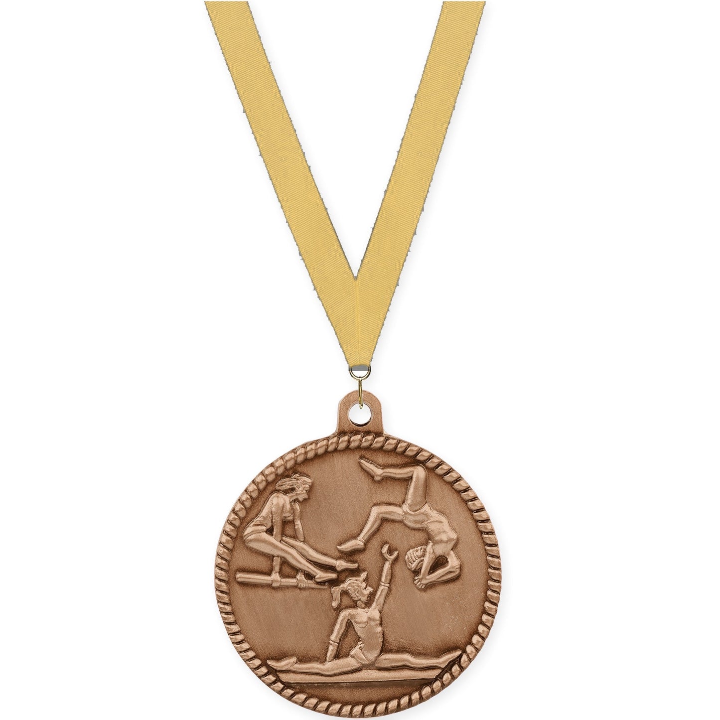 2 inch gymnastics High Relief medal in antique bronze with Gold Metallic neck ribbon