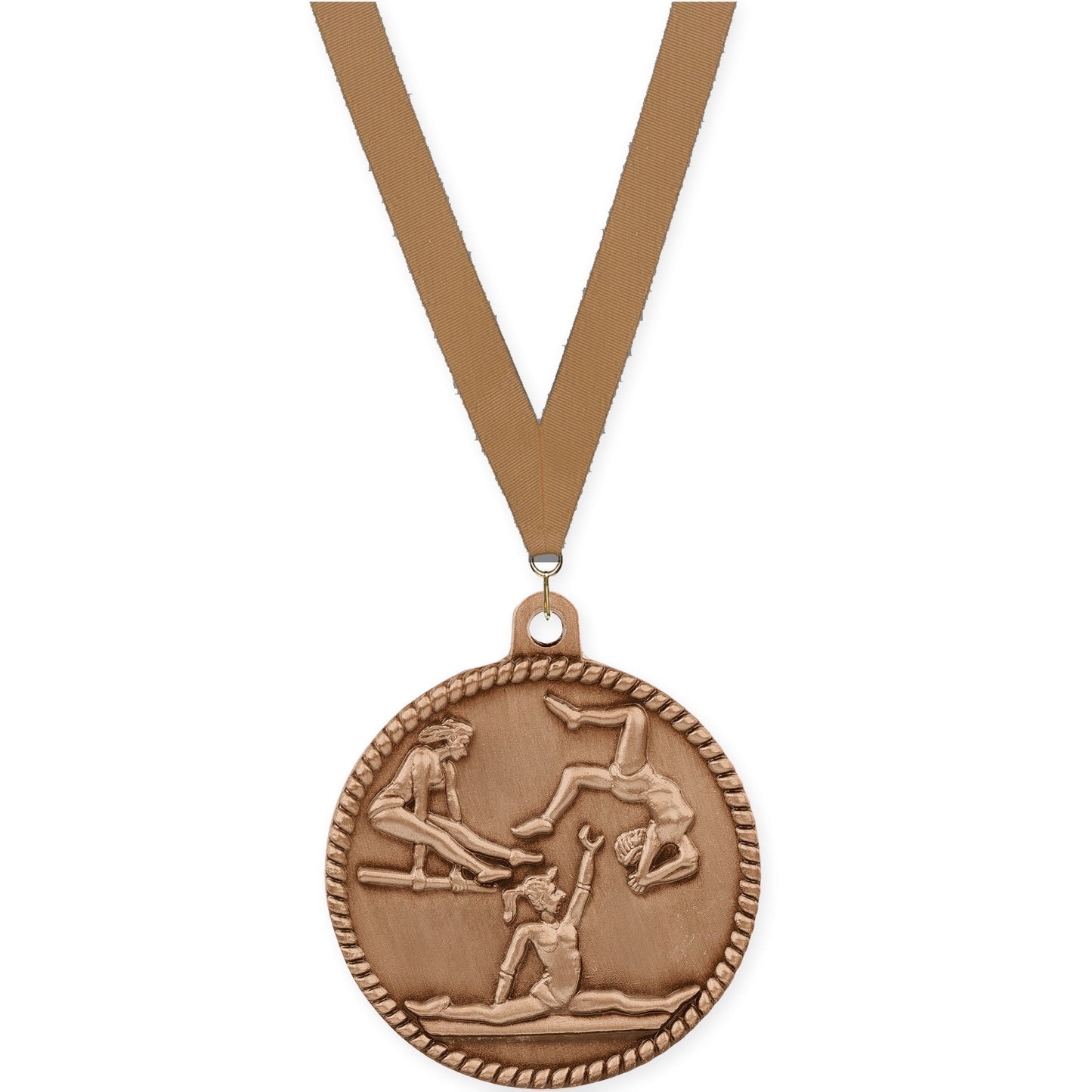 2 inch gymnastics High Relief medal in antique bronze with Bronze Metallic neck ribbon