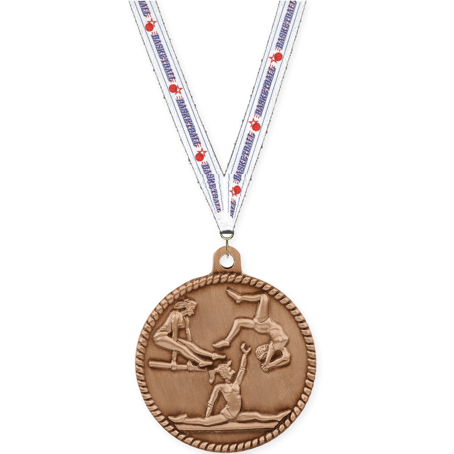2 inch gymnastics High Relief medal in antique bronze with Basketball neck ribbon