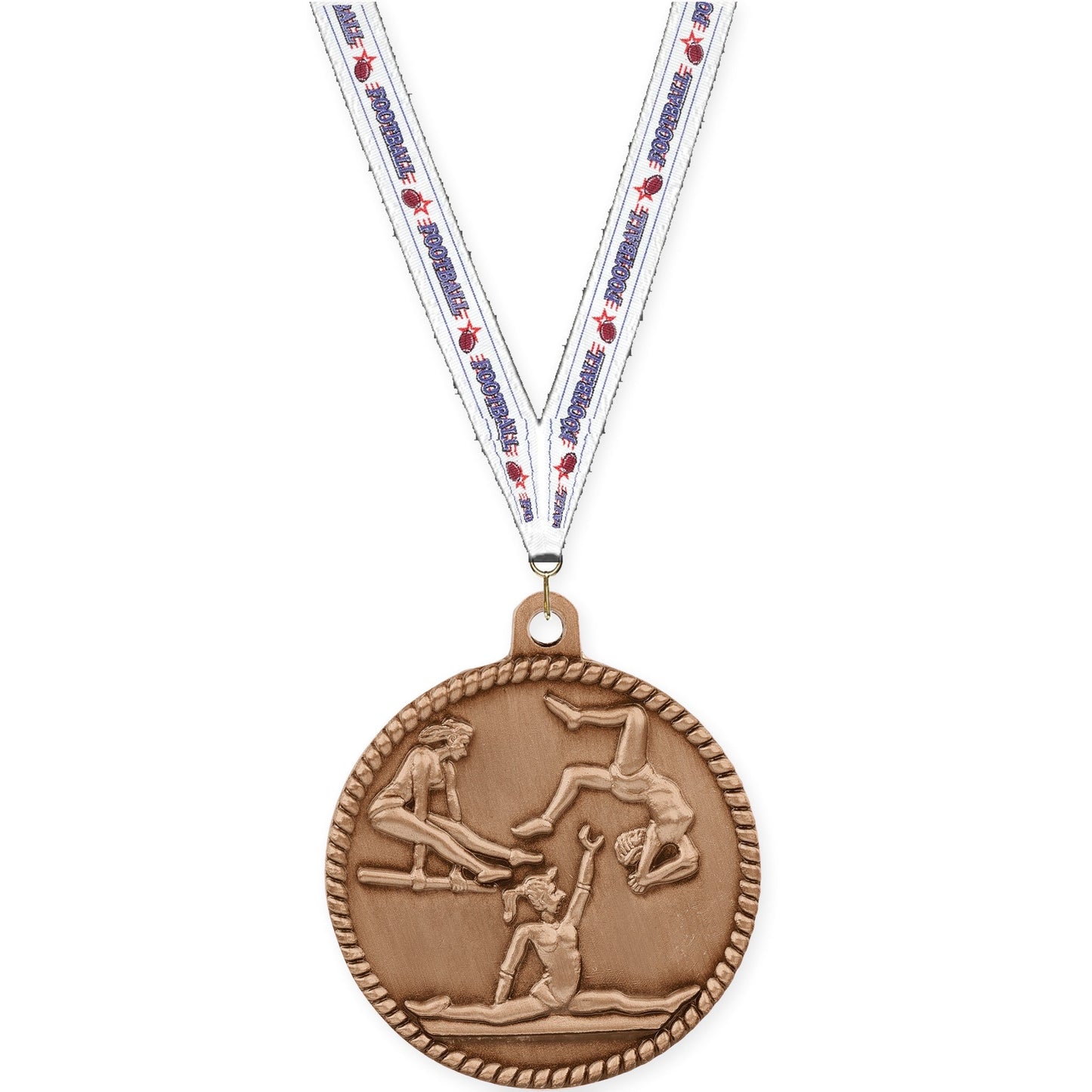 2 inch gymnastics High Relief medal in antique bronze with Football neck ribbon