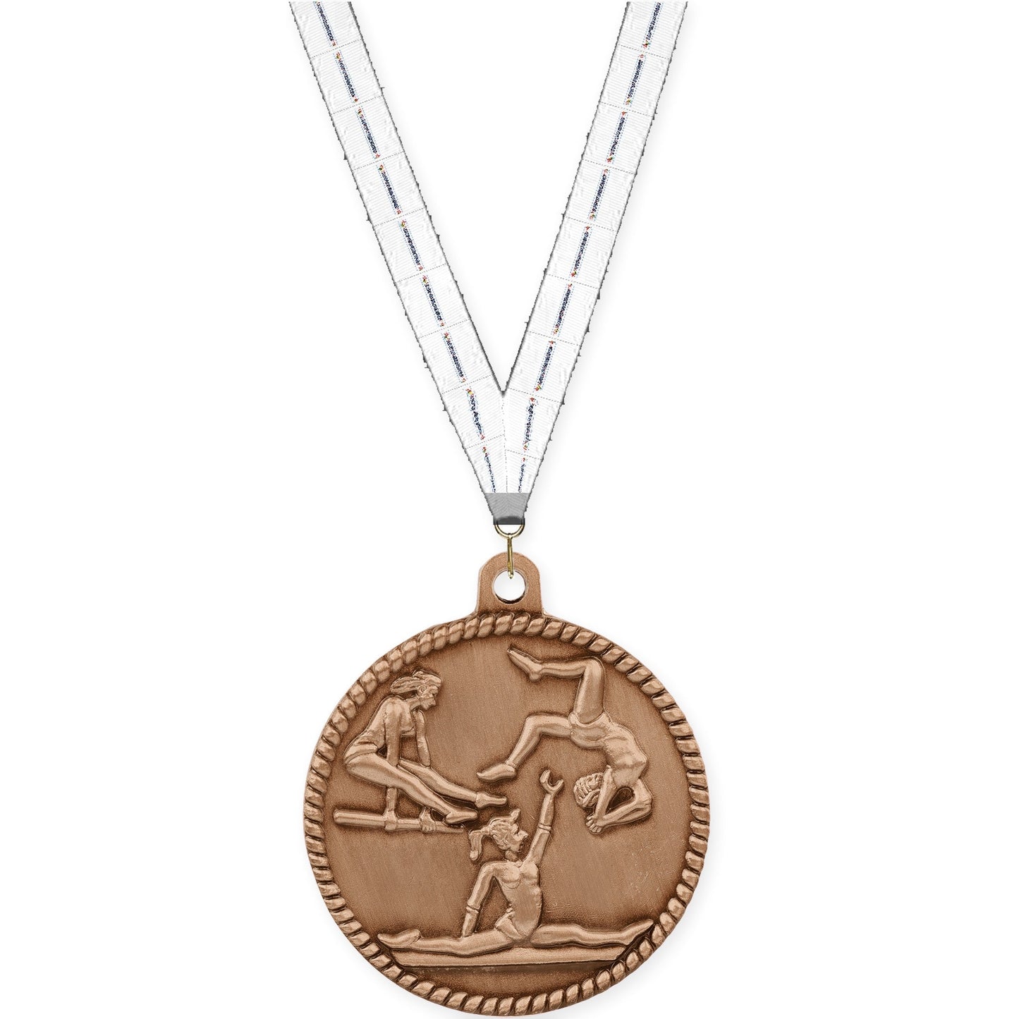 2 inch gymnastics High Relief medal in antique bronze with Lamp Of Knowledge neck ribbon