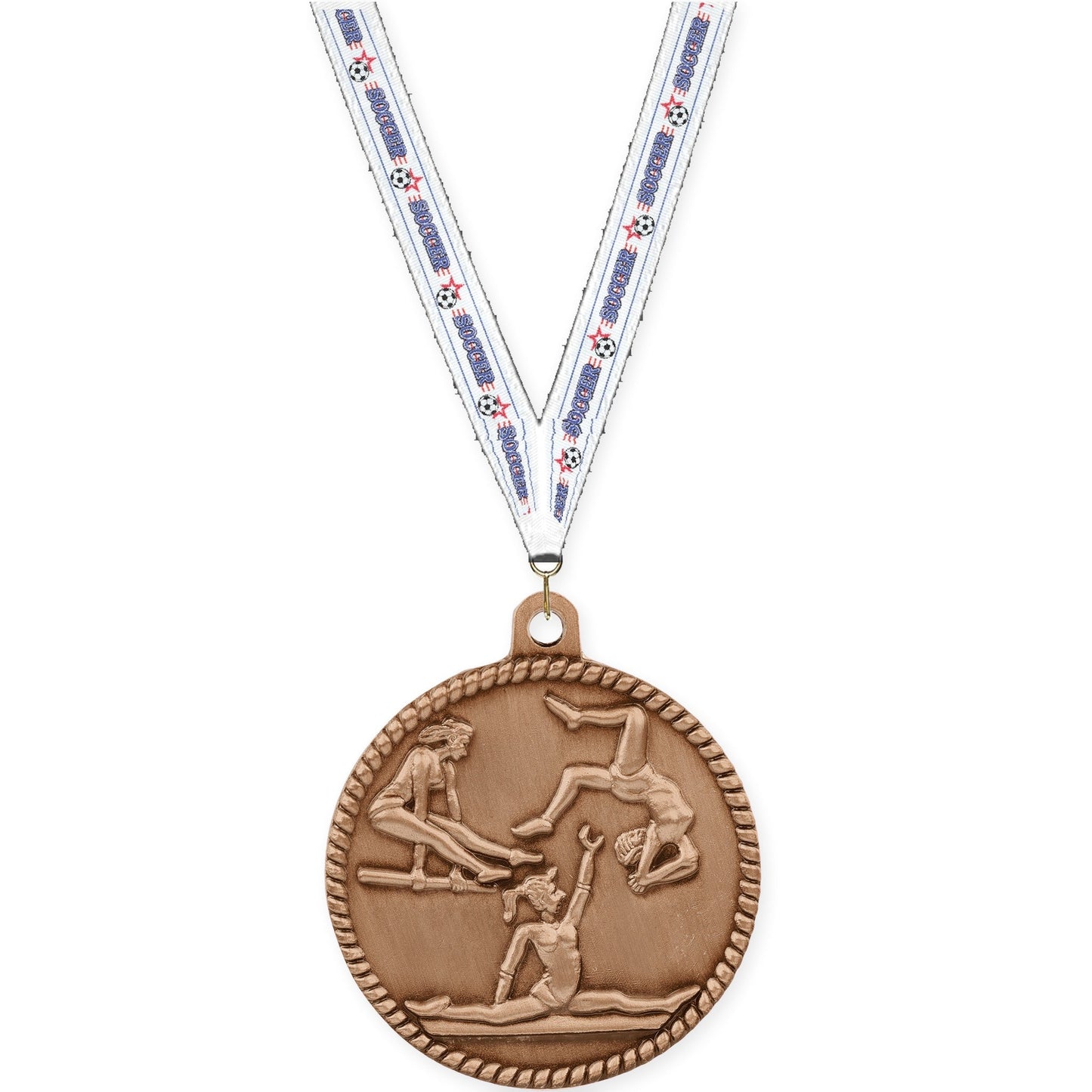 2 inch gymnastics High Relief medal in antique bronze with Soccer neck ribbon