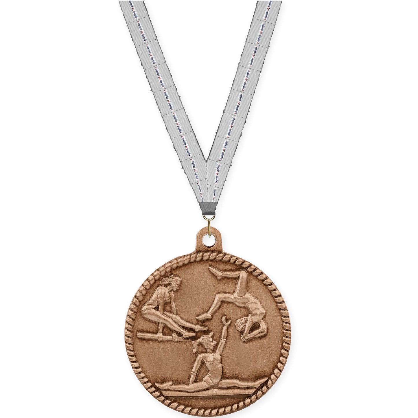 2 inch gymnastics High Relief medal in antique bronze with Auto Racing neck ribbon
