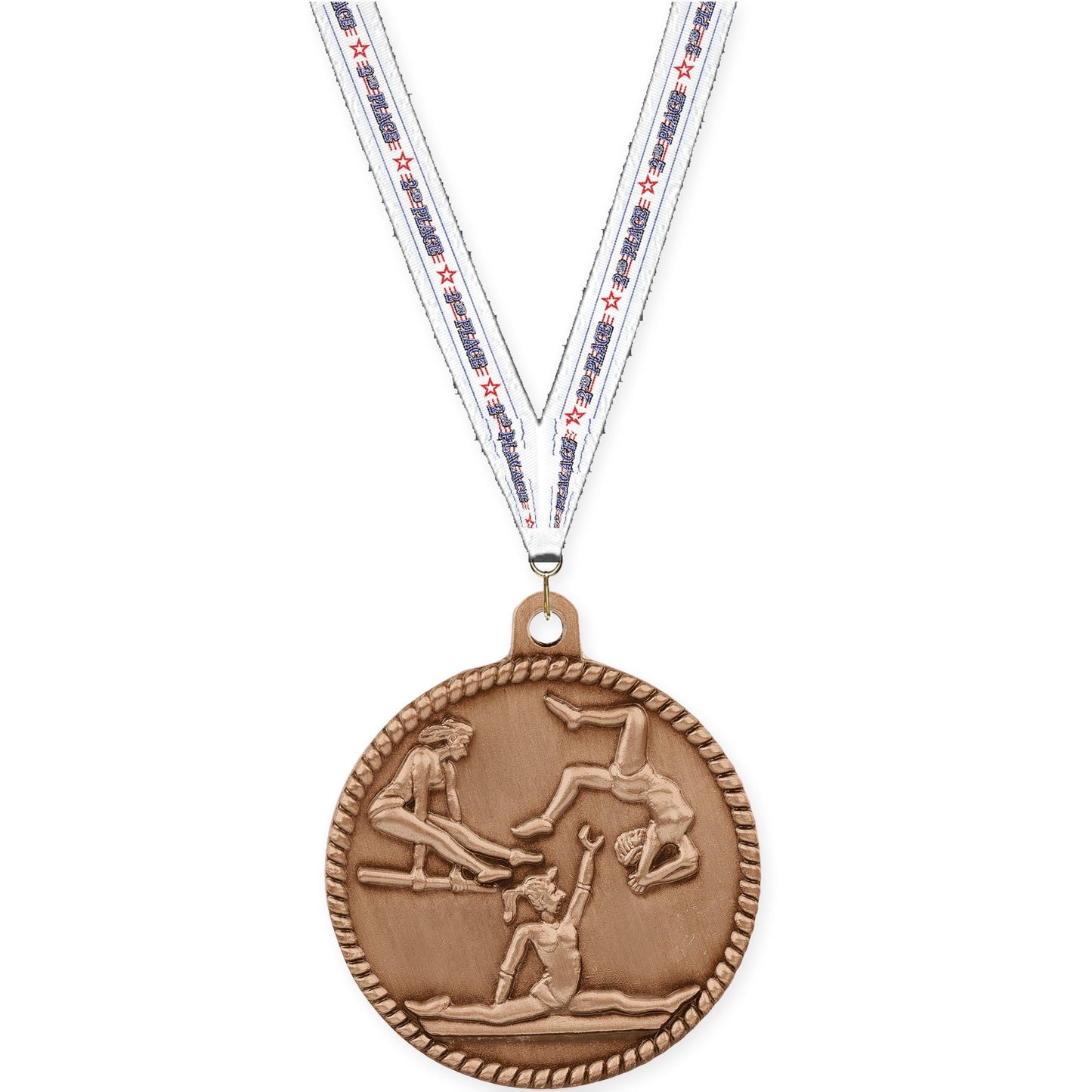 2 inch gymnastics High Relief medal in antique bronze with 2nd Place neck ribbon
