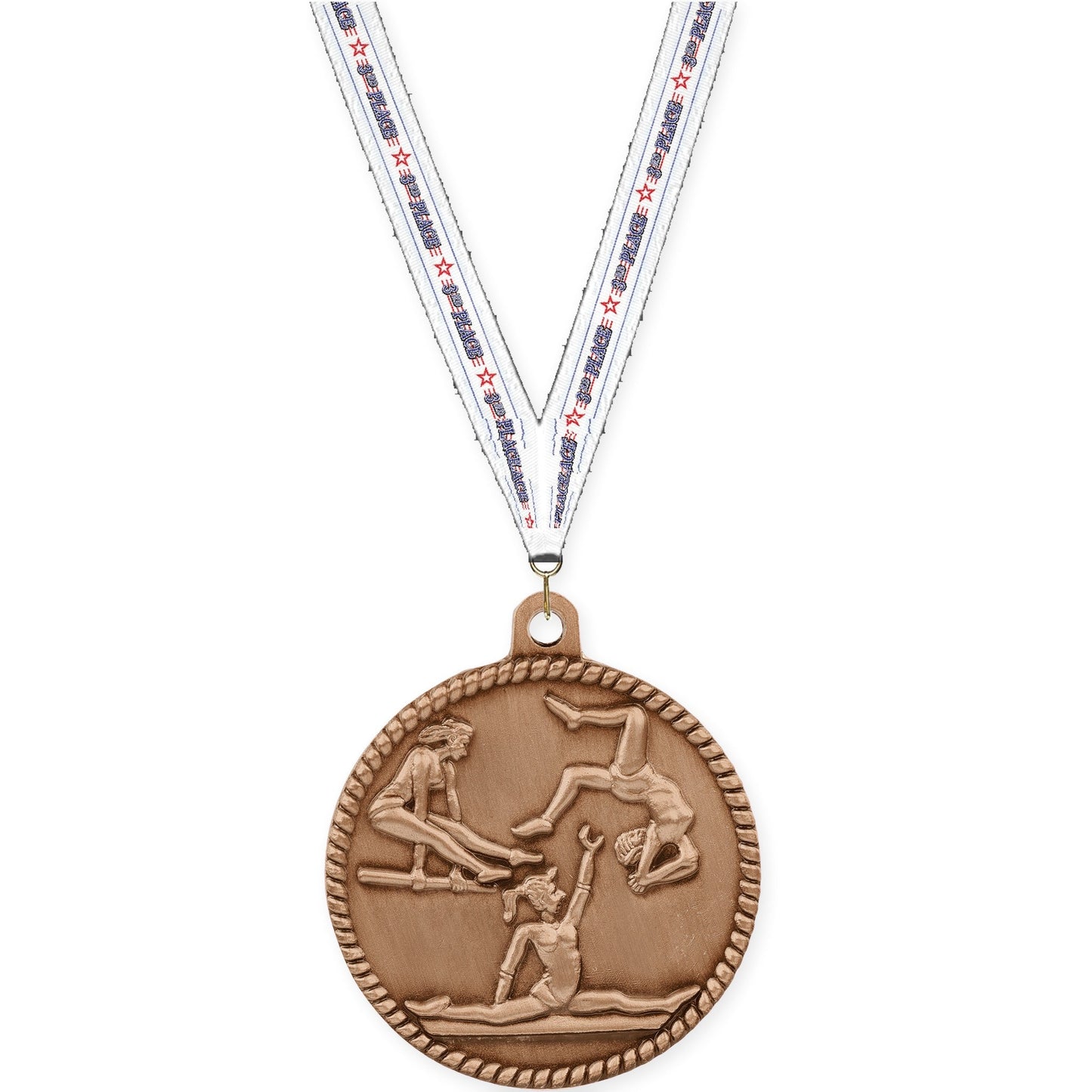 2 inch gymnastics High Relief medal in antique bronze with 3rd Place neck ribbon