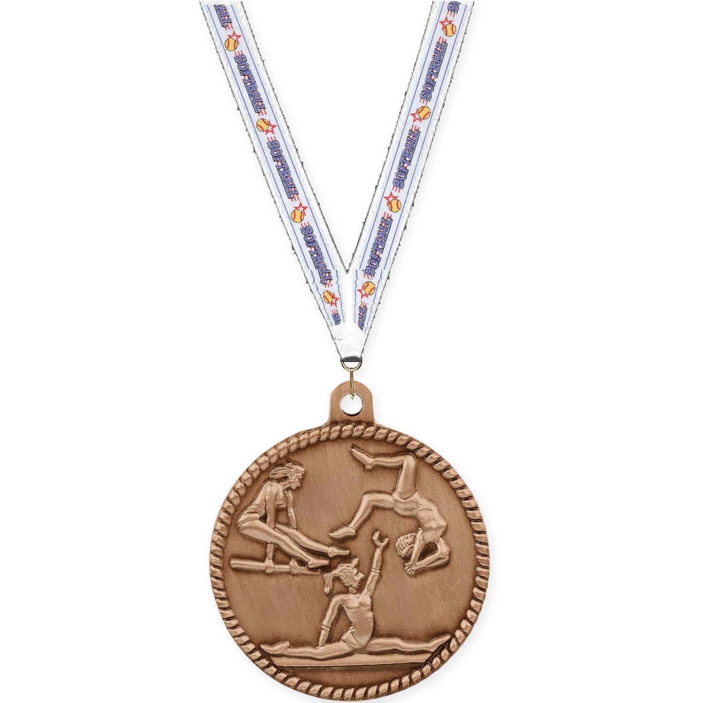 2 inch gymnastics High Relief medal in antique bronze with Softball neck ribbon