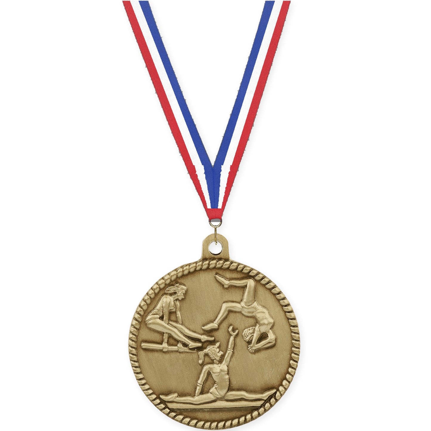 2 inch gymnastics High Relief medal in antique gold with Red White Blue neck ribbon
