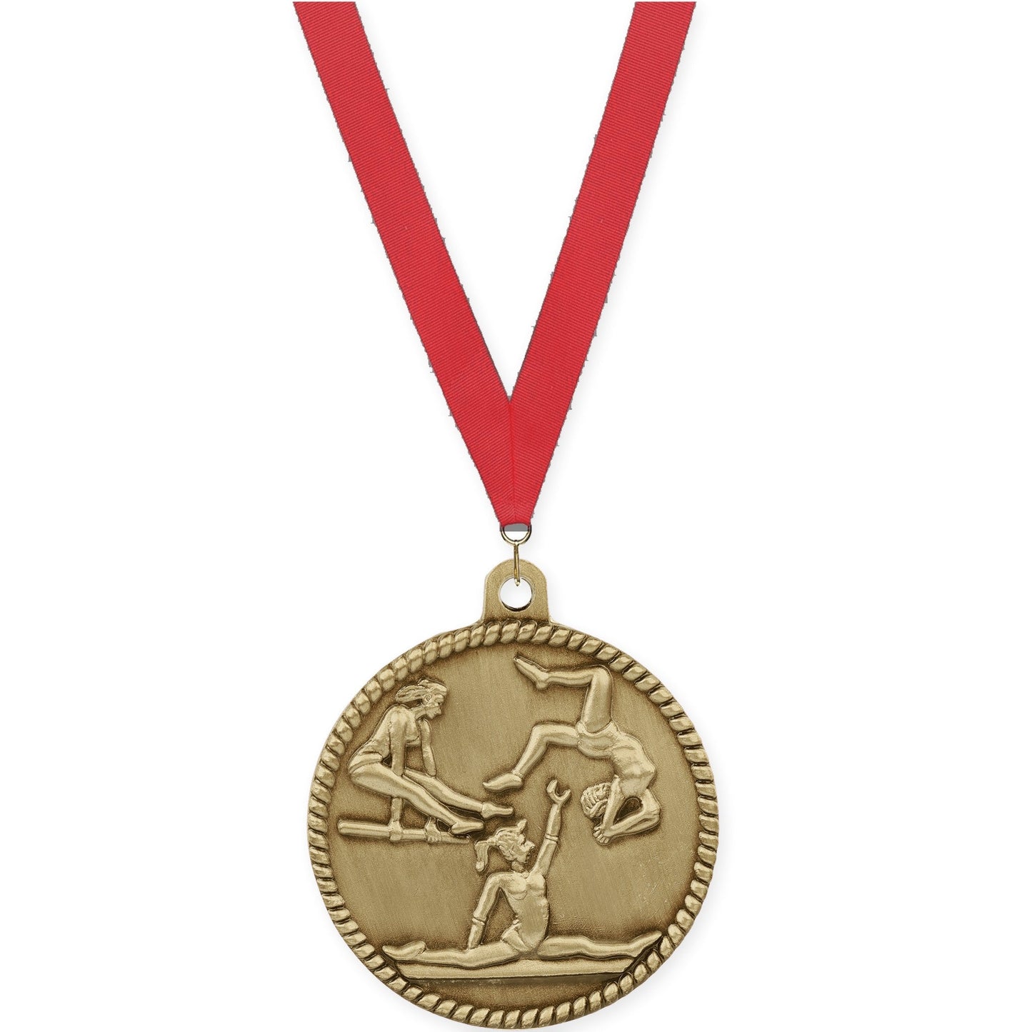 2 inch gymnastics High Relief medal in antique gold with Red neck ribbon