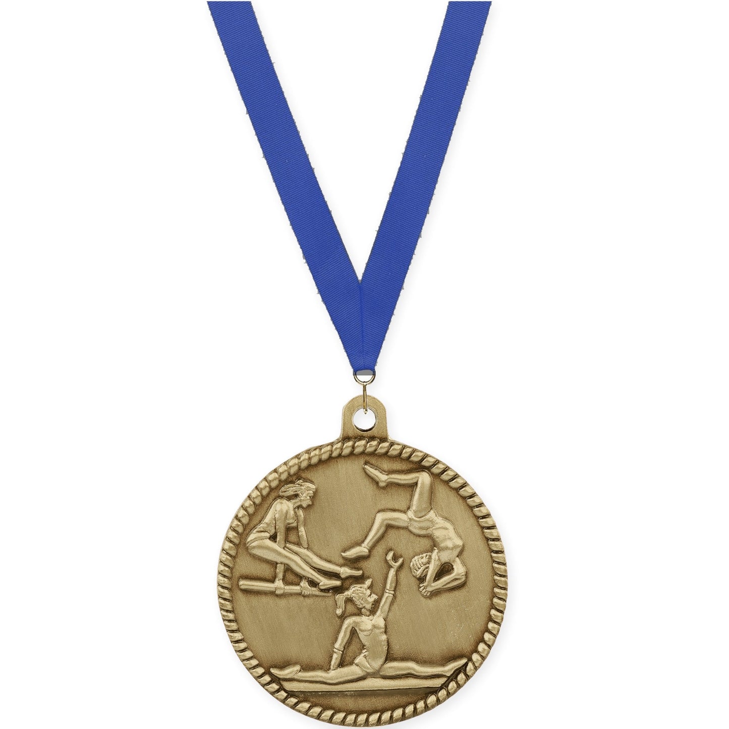 2 inch gymnastics High Relief medal in antique gold with Blue neck ribbon