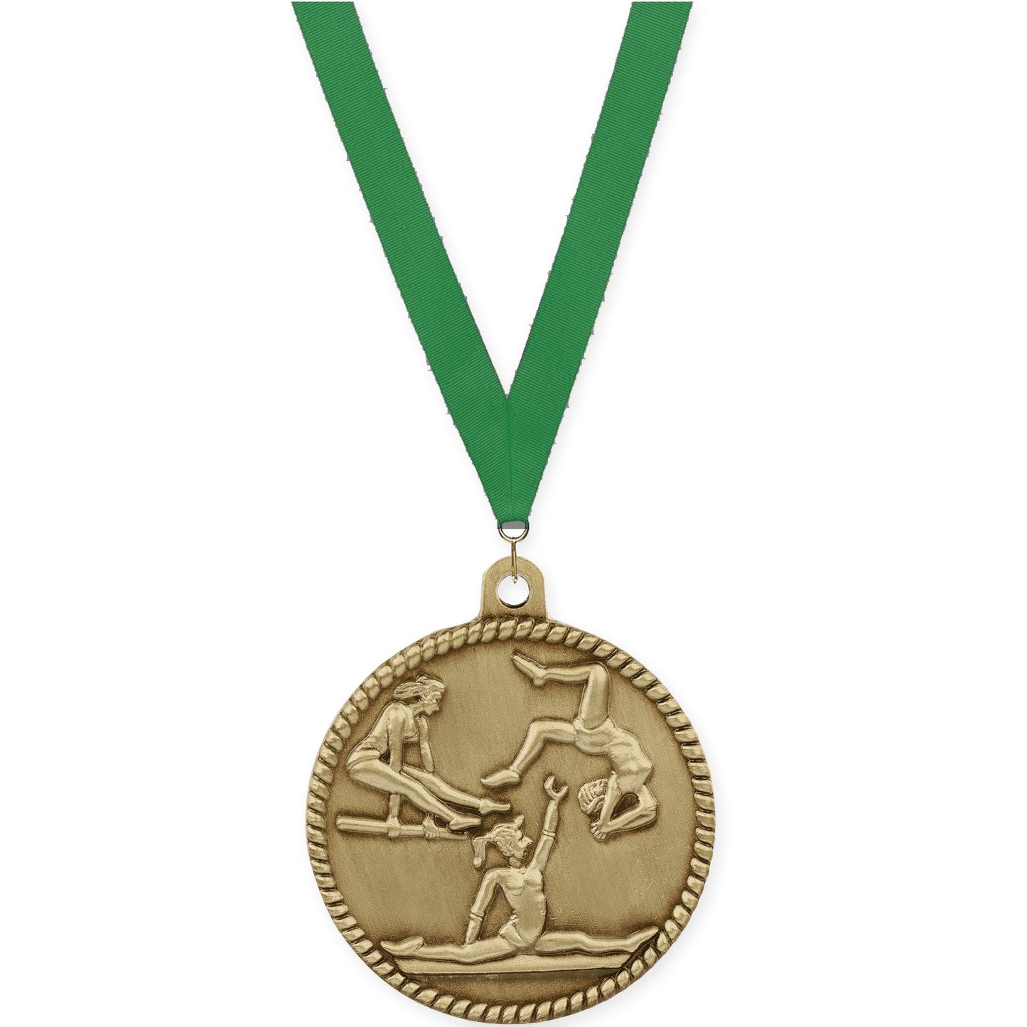 2 inch gymnastics High Relief medal in antique gold with Green neck ribbon