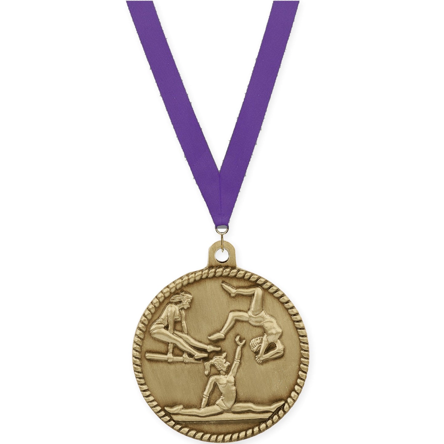 2 inch gymnastics High Relief medal in antique gold with Purple neck ribbon