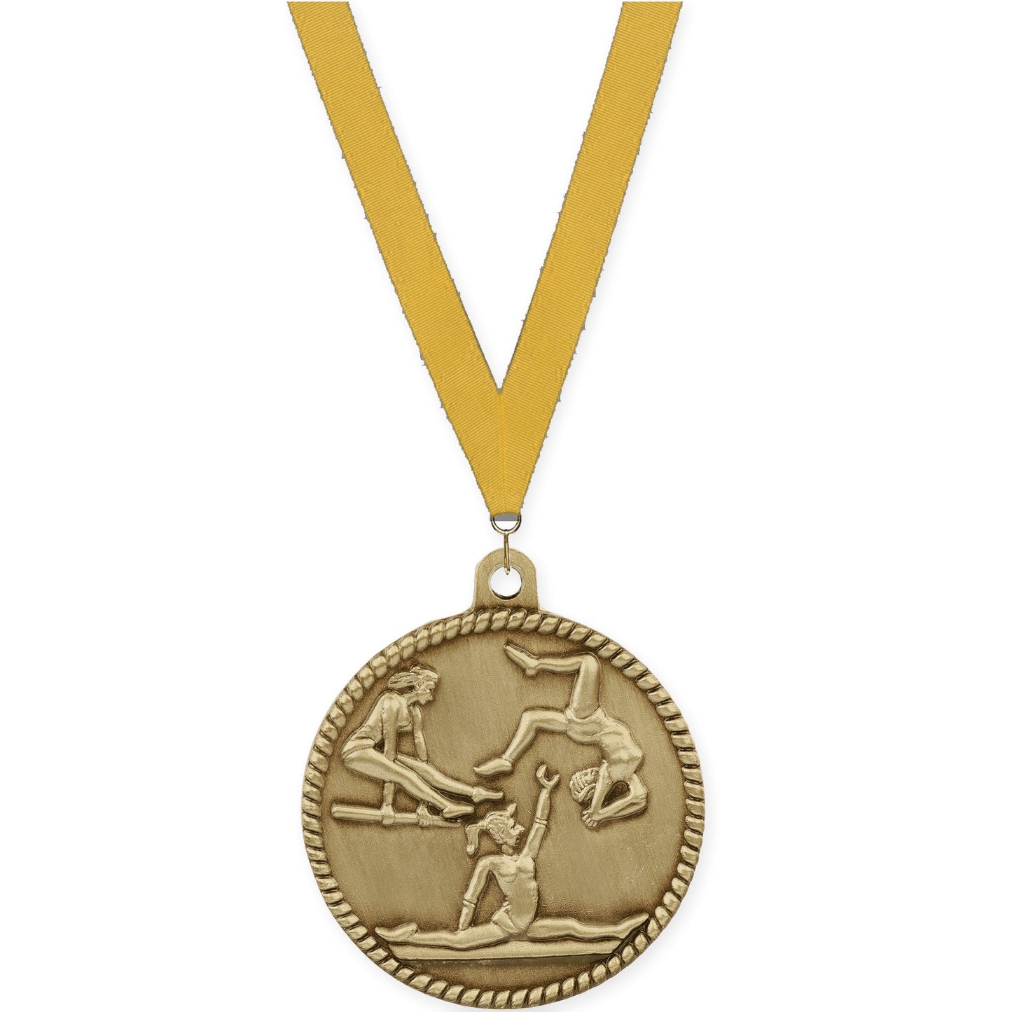 2 inch gymnastics High Relief medal in antique gold with Gold neck ribbon