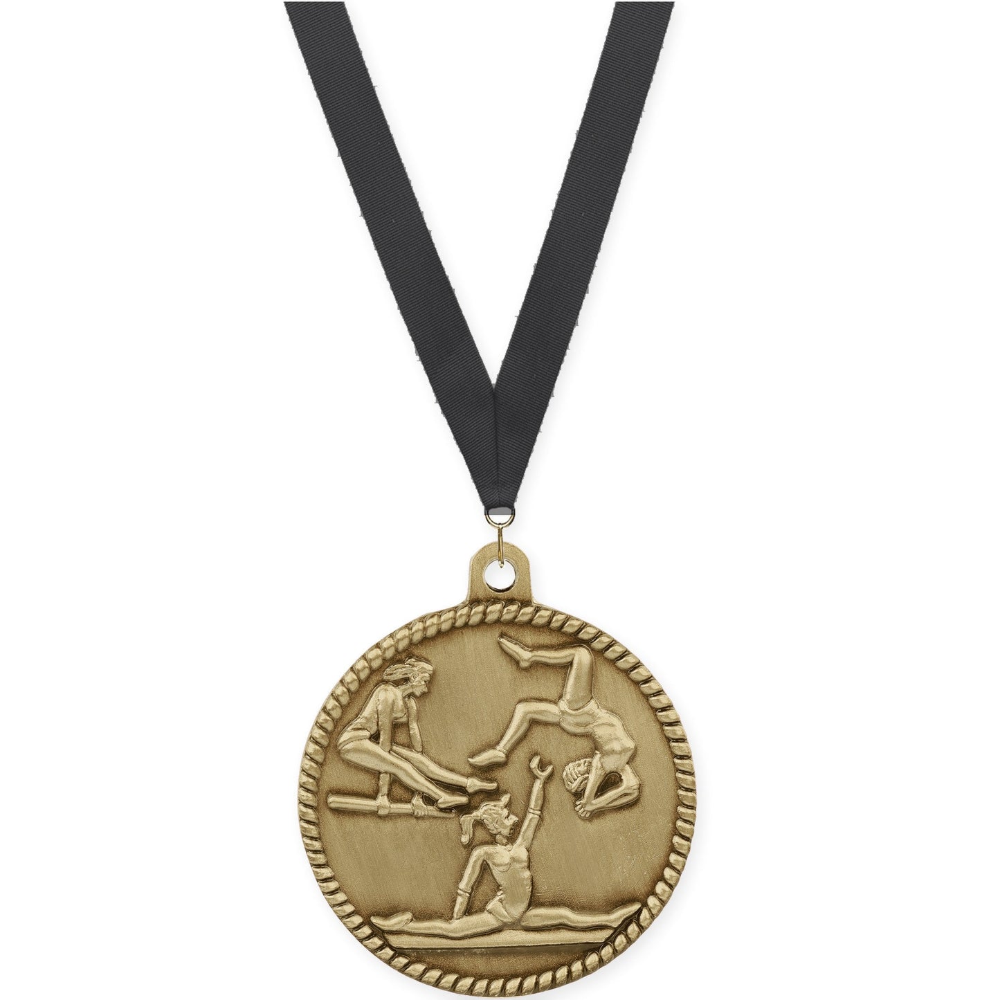 2 inch gymnastics High Relief medal in antique gold with Black neck ribbon