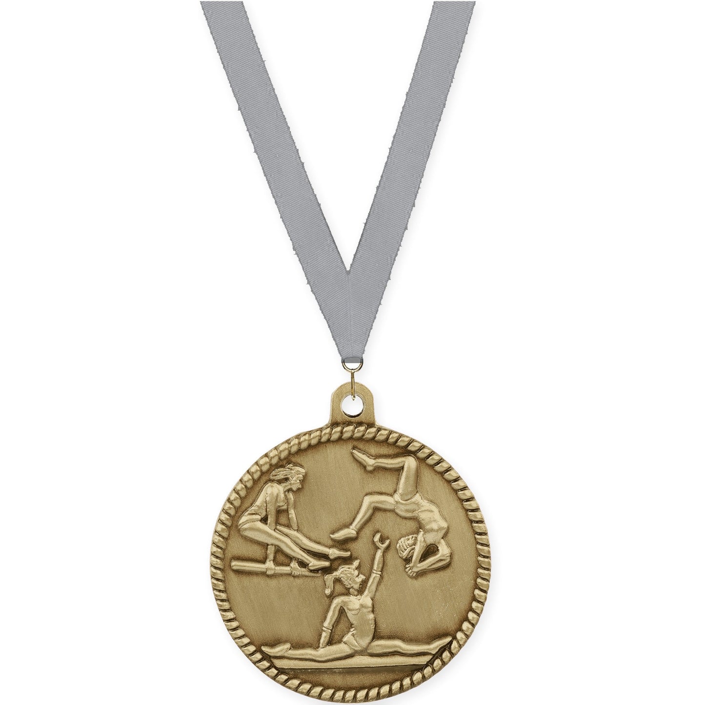 2 inch gymnastics High Relief medal in antique gold with Gray neck ribbon