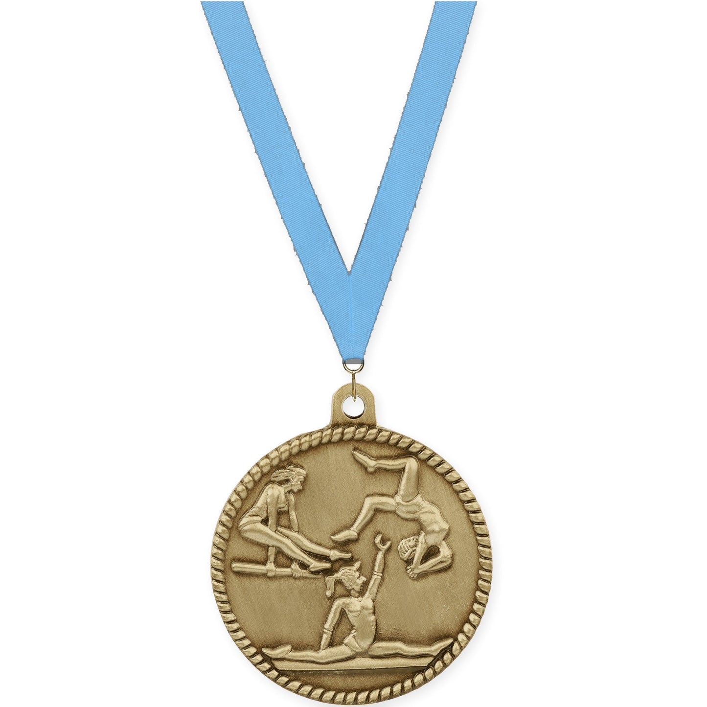 2 inch gymnastics High Relief medal in antique gold with Light Blue neck ribbon
