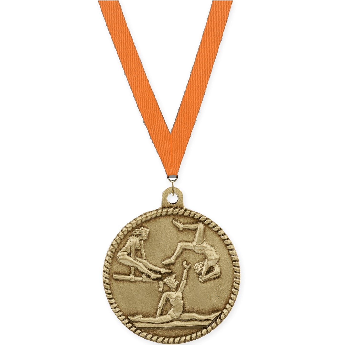 2 inch gymnastics High Relief medal in antique gold with Orange neck ribbon