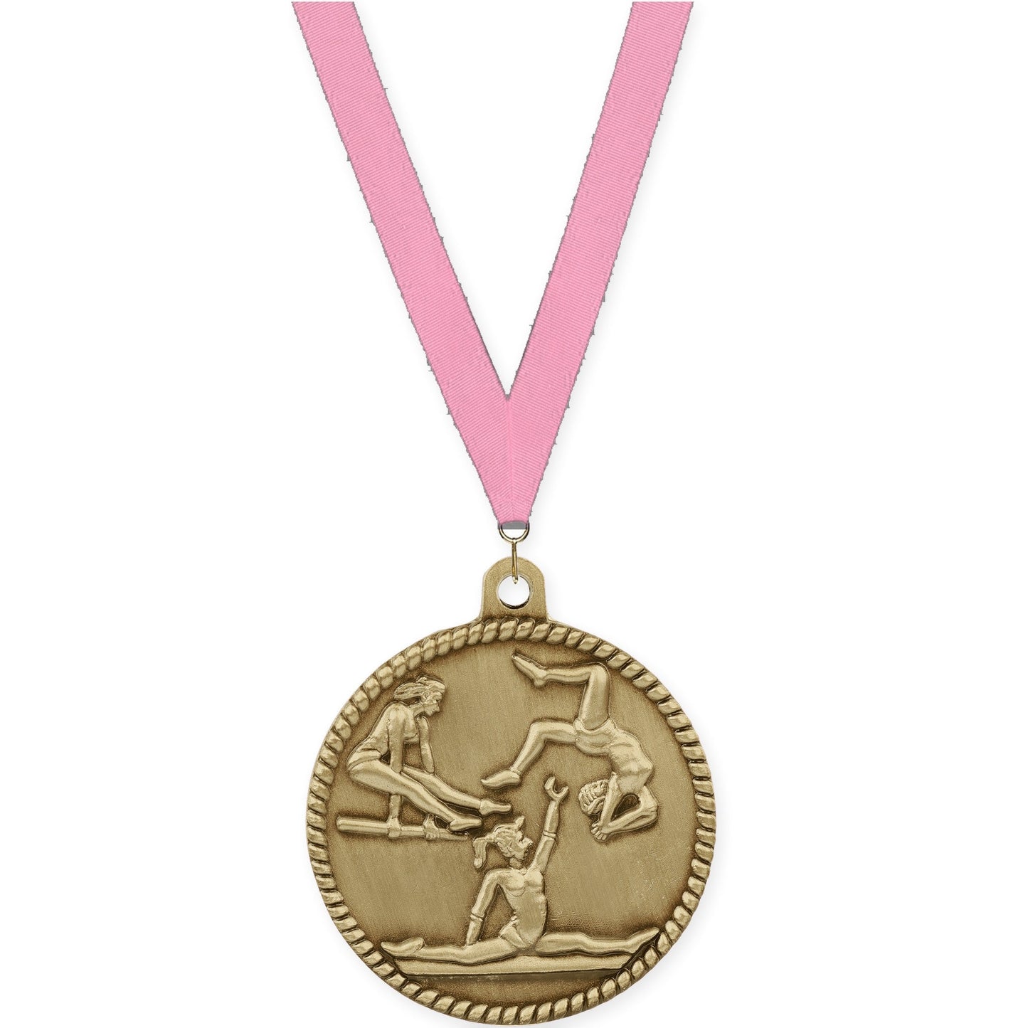 2 inch gymnastics High Relief medal in antique gold with Pink neck ribbon