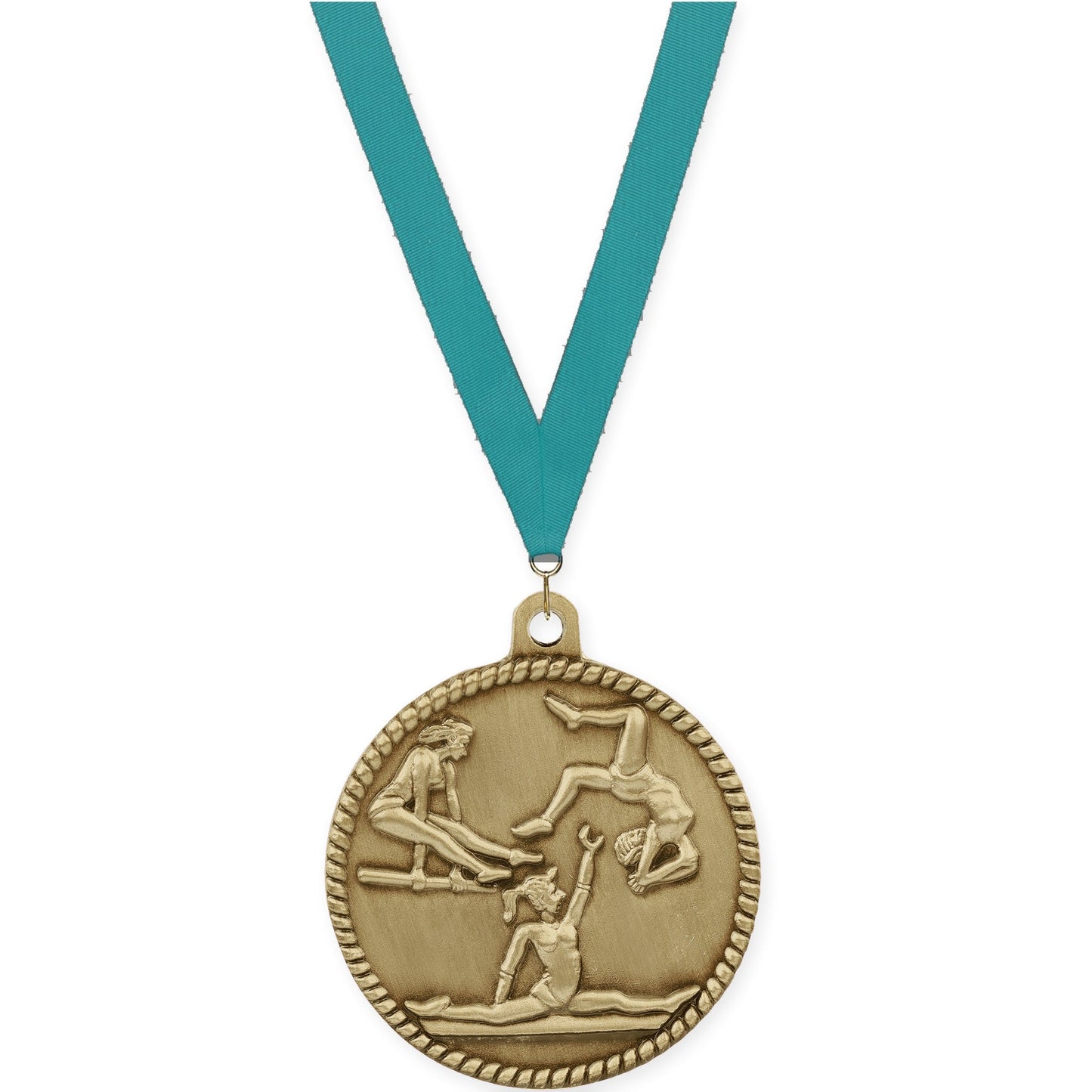 2 inch gymnastics High Relief medal in antique gold with Teal neck ribbon